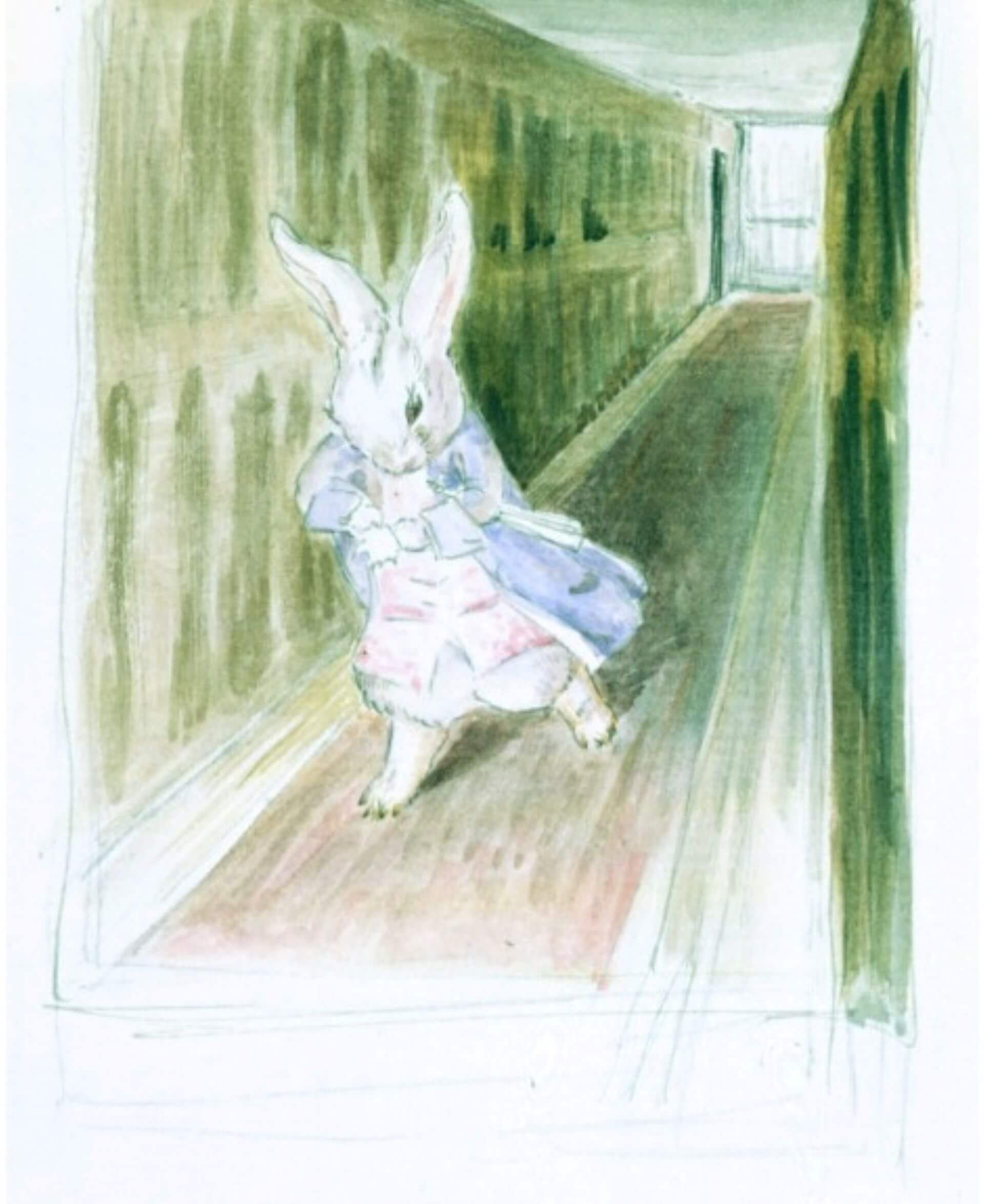 在碧雅翠絲・波特（Helen Beatrix Potter）溫柔的水彩筆觸下，那穿著背心、手持懷錶的白兔，儼然就是從她另一本創作中走出的彼得兔（Peter Rabbit）。（© Victoria and Albert Museum, Lon…