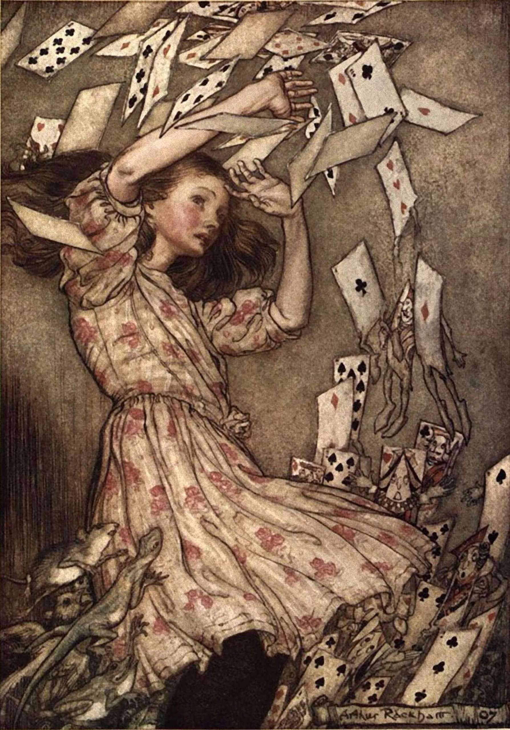 拉克罕（Arthur Rackham）在譚尼爾打下的造型基礎上，創造出以細膩線條與沉穩色調風格的拉克罕版愛麗絲（1970出版）。（©Arthur Rackham）