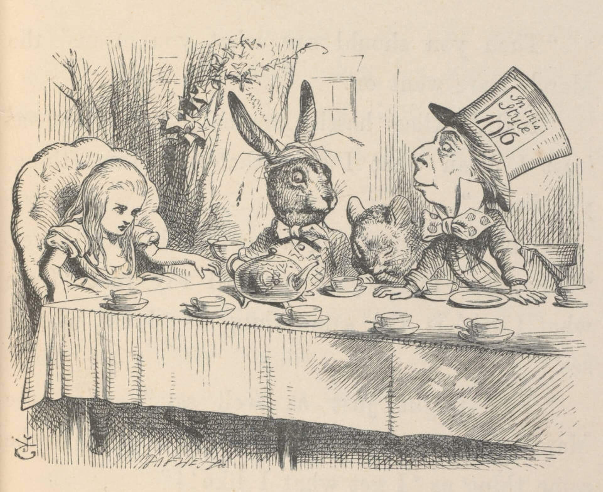 約翰．譚尼爾（John Tenniel）為1865年第一版的《愛麗絲夢遊仙境》繪製的原版插圖。（© Victoria and Albert Museum, London）