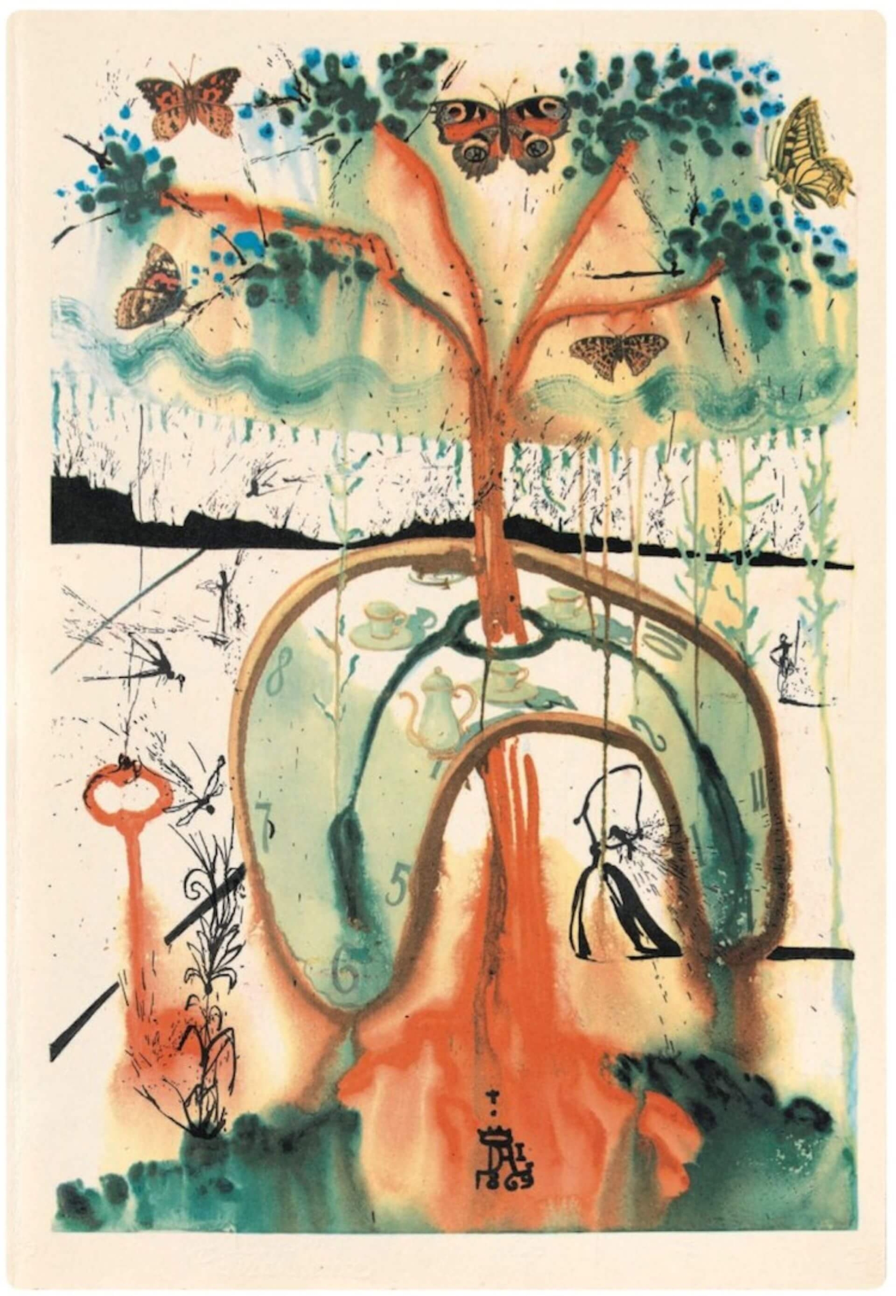 達利繪製《愛麗絲夢遊仙境》第七章〈瘋狂茶會〉（A Mad Tea Party）插圖。（© Salvador Dali, Fundació Gala-Salvador Dalí, DACS 2019）
