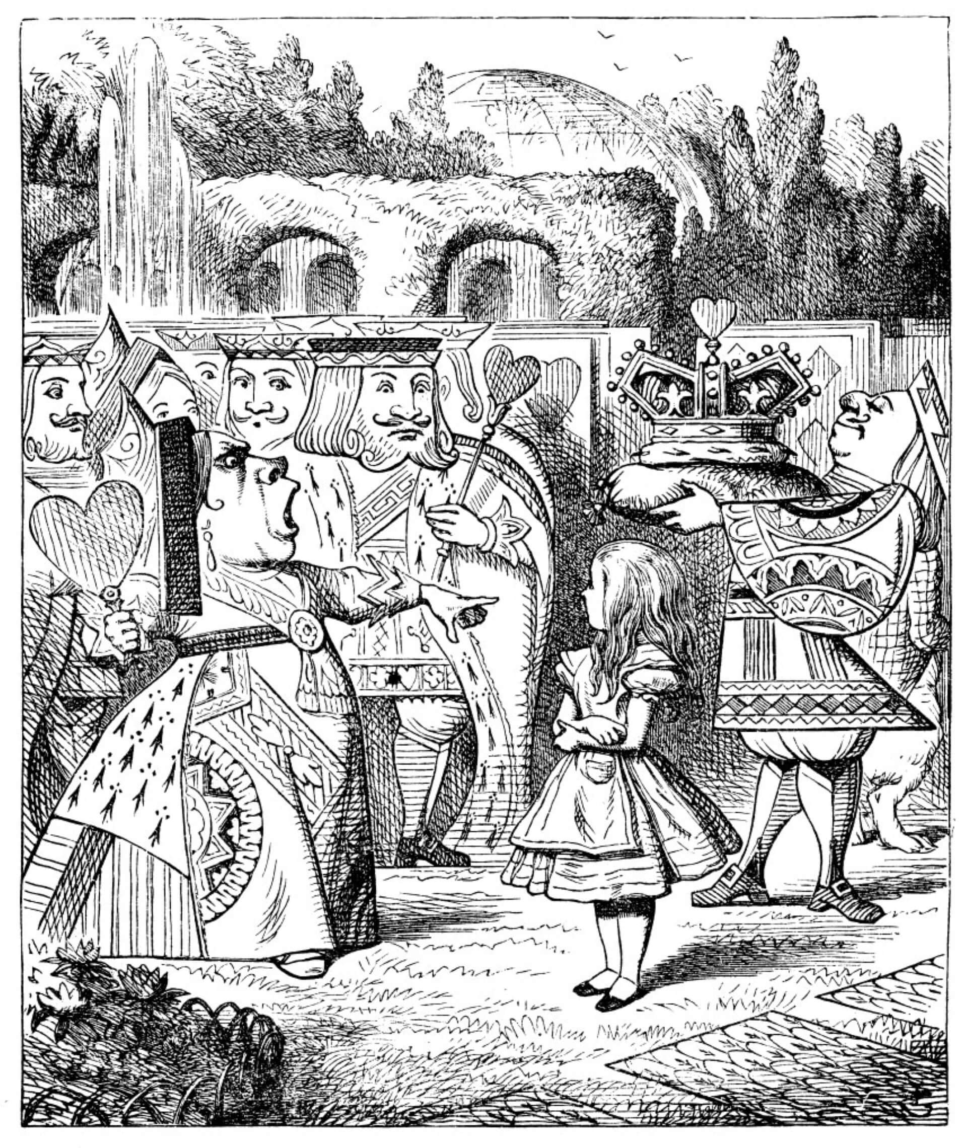 約翰．譚尼爾（John Tenniel）為1865年第一版的《愛麗絲夢遊仙境》繪製的原版插圖，描繪仙境中的皇家花園。（Public Domain）