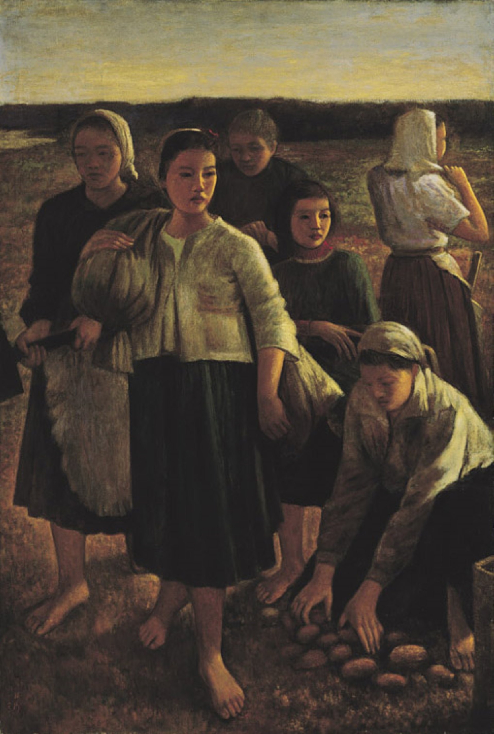 「東亞油畫的誕生與開展」一展中，所展出李梅樹創作於1948年的作品《黃昏》。此幅作品為李梅樹的代表作品之一，他以自己女兒們為模特兒、著農裝入畫，至為親切傳神。（©李梅樹紀念館）
