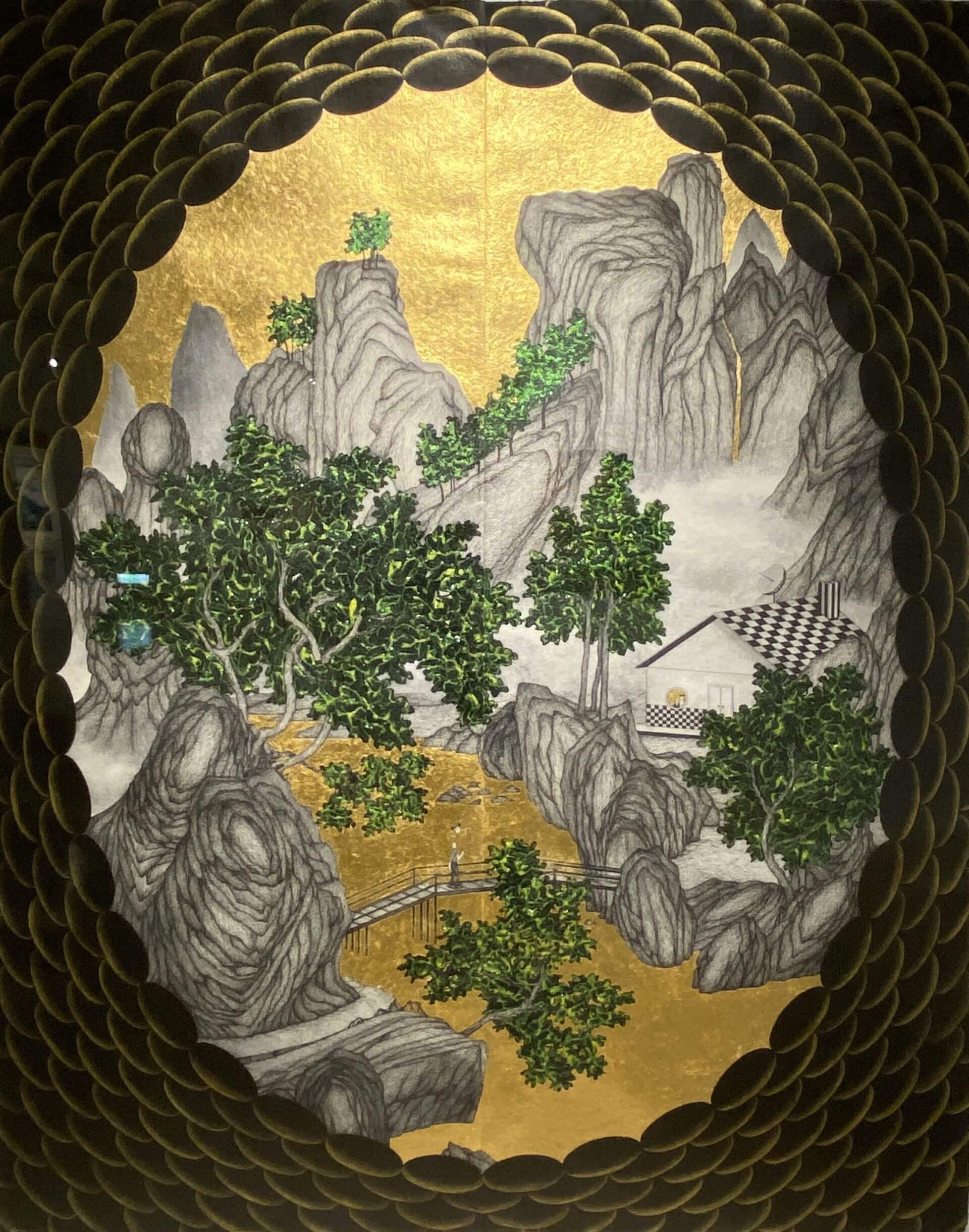 姚瑞中《甜蜜蜜—妙妙屋》（臨唐寅「仿李唐山水」），複合媒材，高雄市立美術館藏。（攝影／顏子軒）