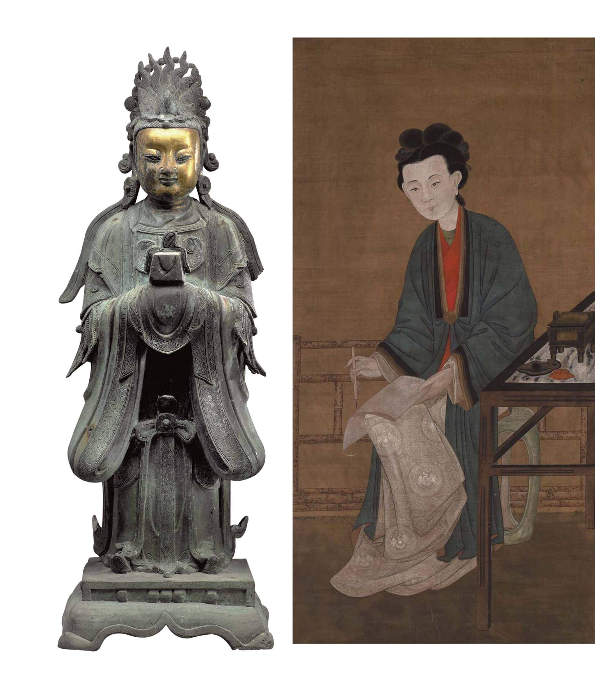 右 圖3 清〈仕女像〉，絹本水墨設色，162.6×82.6公分，美國哈恩藝術博物館藏。左 圖4 清〈青銅鎏金西王母像〉，青銅鎏金，高62.9公分，長22.5公分，寬19.1公分，美國哈恩藝術博物館藏。