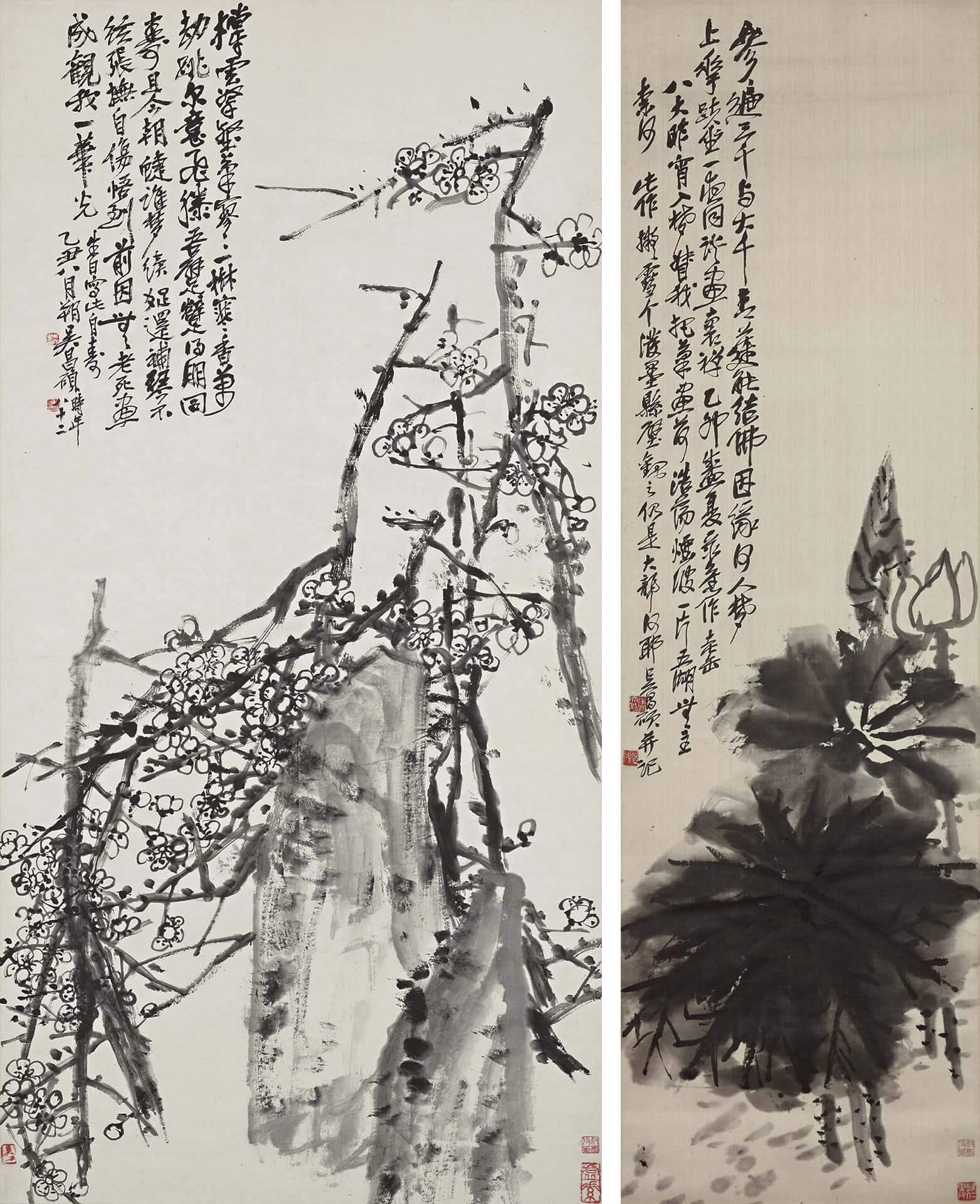 圖2 左 吳昌碩〈墨梅自壽圖軸〉，紙本墨畫，136×68公分，東京國立博物館藏（青山杉雨舊藏）。圖取自ColBase。右 吳昌碩〈荷花圖軸〉，絹本墨畫，140×42公分，東京國立博物館藏（青山杉雨舊藏）。圖取自ColBase。