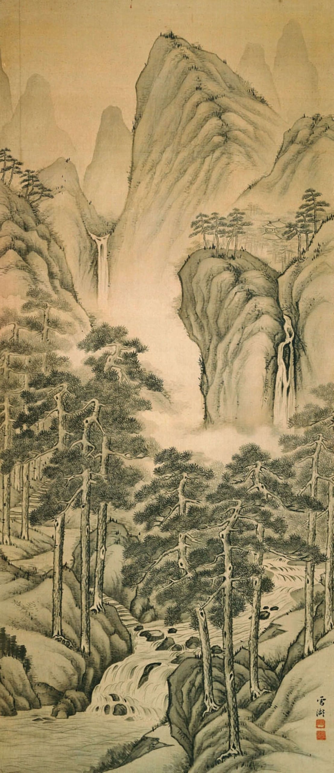 弔詭的是，當時的郭雪湖仍準備了傳統山水畫樣式的〈松壑飛泉〉參展，卻能打敗一眾知名傳統書畫家、匠師，成功入選。郭雪湖，《松壑飛泉》，1927，絹本水墨，郭雪湖基金會典藏。（圖片來源：《心內的所在：郭雪湖望鄉特展》，2020）