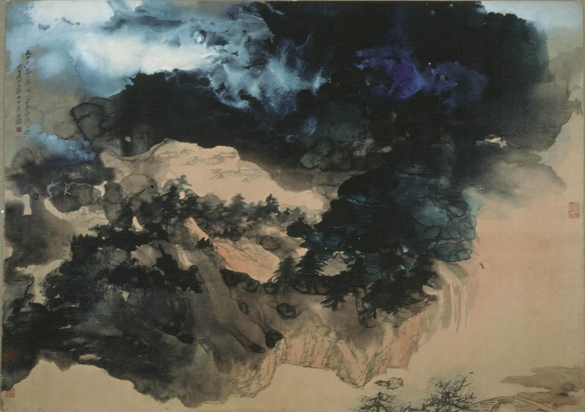 張大千〈夏山雲瀑〉，紙本潑彩，150×210公分，國立歷史博物館藏。