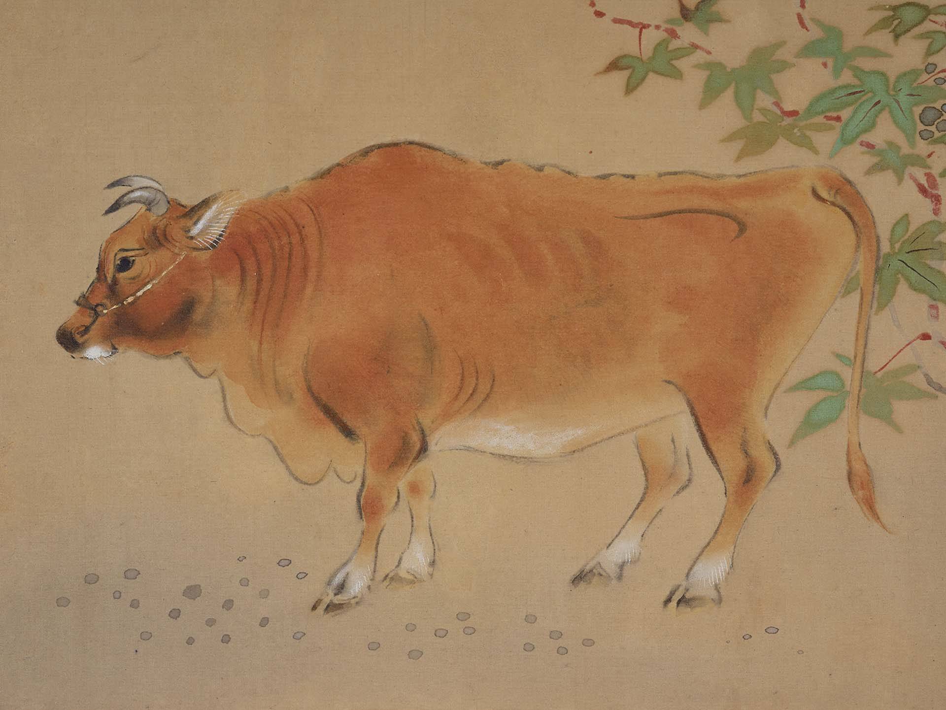 林玉山〈黃牛〉，絹本膠彩，26×32.8公分，國立歷史博物館藏。