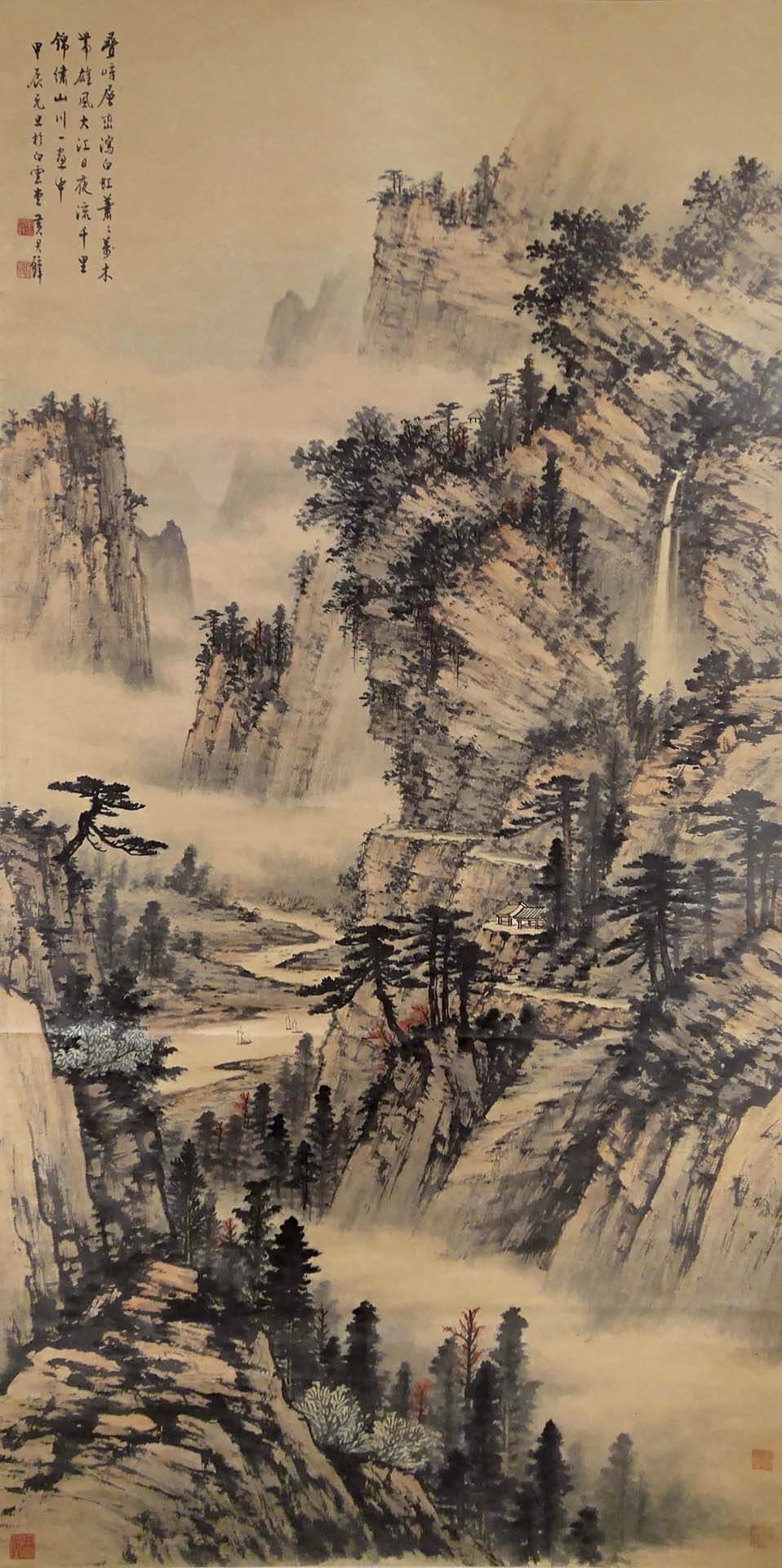 黃君璧〈山水〉，紙本設色，179×89公分，國立歷史博物館藏。