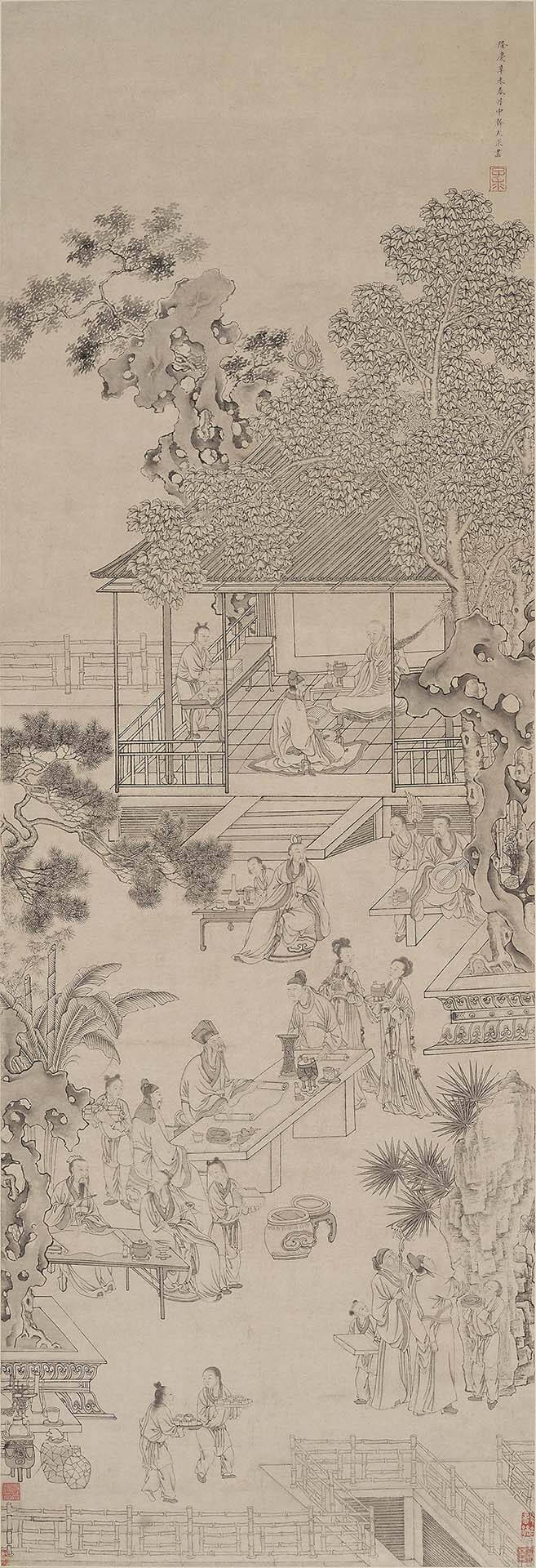 明 尤求（活躍於1520－1583）隆慶五年（辛未，1571）春月中澣〈西園雅集圖〉，水墨紙本，122×41.6公分，館藏編號1995.0656，北山堂捐贈，香港中文大學文物館藏。