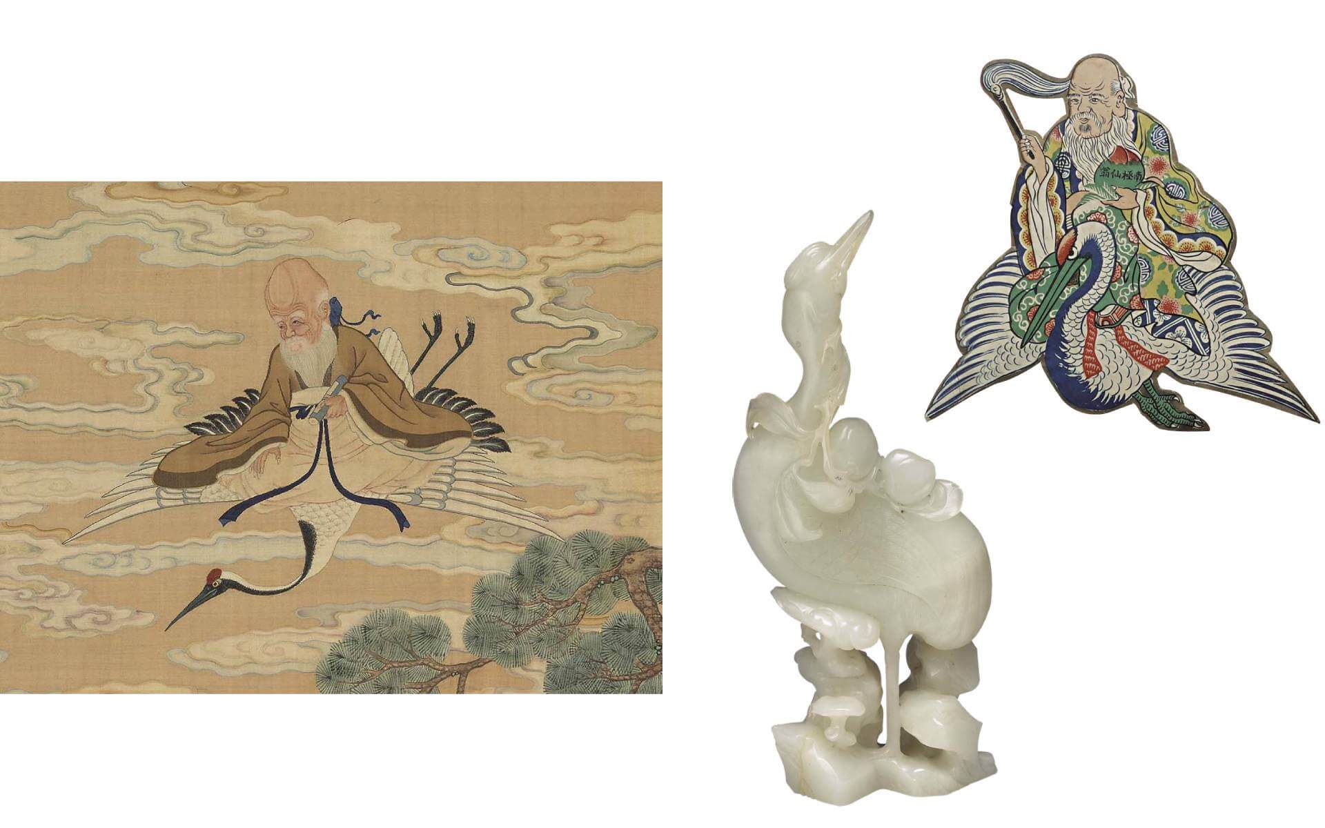 左：圖9&nbsp; 清〈群仙拱祝〉局部，絲織，194×108.8公分，國立故宮博物院藏。右：圖10 臺灣 日治時期〈石版印八仙綵〉局部，紙、布，長242公分，國立臺灣歷史博物館藏。中：圖11 清〈仙鶴〉，玉，全高18.9公分，國立故宮博物…