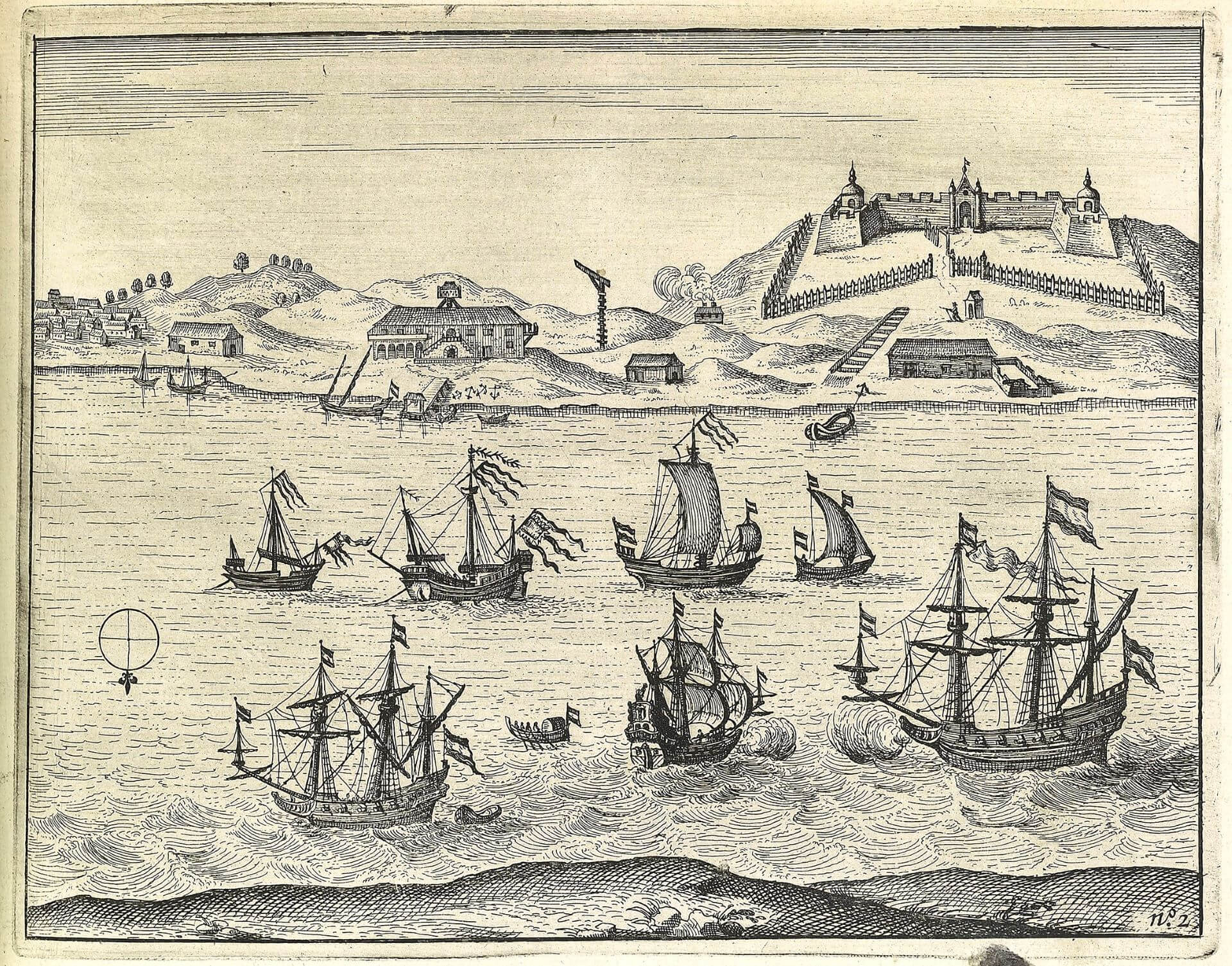 1646年《荷蘭聯合東印度公司的起源與發展》插圖描繪1630年左右熱蘭遮城初建之時的樣貌。（國立臺灣歷史博物館提供）