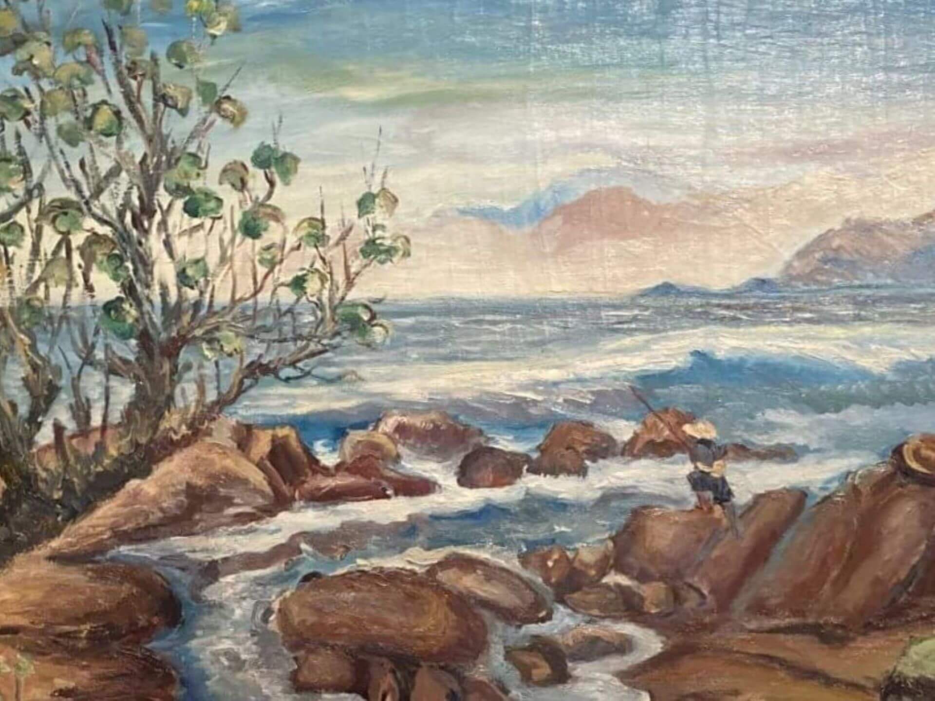 陳成波畫作《濤聲》（局部），1939，財團法人陳澄波基金會藏。回顧百年來臺灣人與海洋的關係變化，東北岸的釣魚人，孤身立於岩石上，無懼於大浪波濤，反映了1920至30年代，臺灣人與海之間親近的關係。（攝影／朱佑霖）