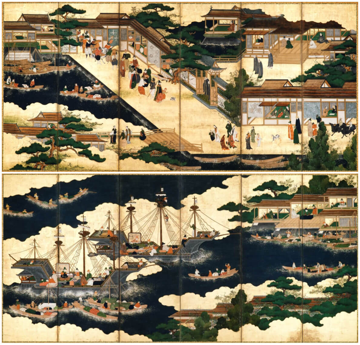 日本重要美術品「南蠻人來朝圖」屏風，二度來臺展出，超過640公分巨幅屏風，描繪了17世紀葡萄牙人第一次到日本的景象，在屏風右上角可以看見身著黑色長袍的外國傳教士。（國立臺灣歷史博物館提供）