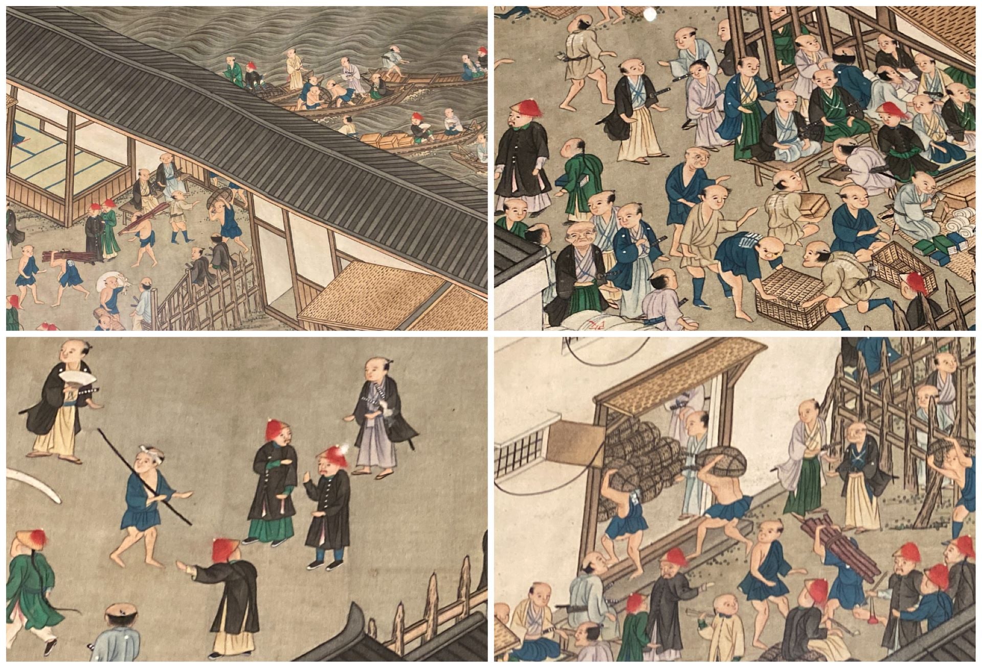 18世紀後期至19世紀初，《長崎唐館交易圖卷》局部，描繪中國船隻進入長崎港後，卸貨入關檢查的情景，日本神戶市立博物館藏。（攝影／朱佑霖）