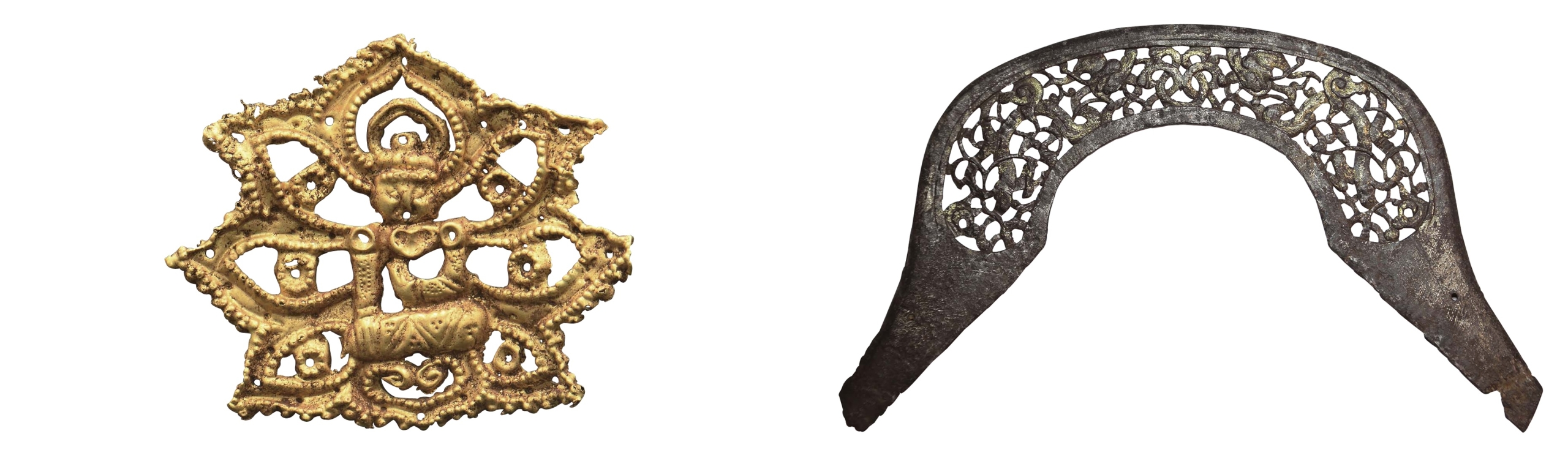 左：13至14世紀〈金製佛教裝飾件〉，蒙古烏蘭巴托Khorig-2-23號墓出土，成吉思汗國家博物館藏。（法國南特歷史博物館提供）右：1206年至1271年〈龍紋馬鞍飾件〉，銀、銅、木製，Erdennechuluun Purevjav與Ne…