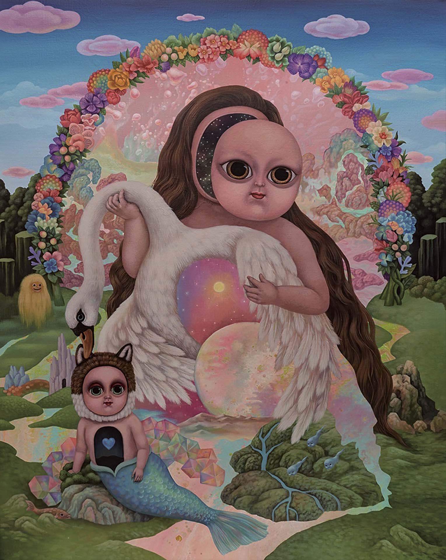 張嘉穎，《天鵝的絮語》，壓克力、畫布，90.5×72.5cm，2023。（采泥藝術提供）