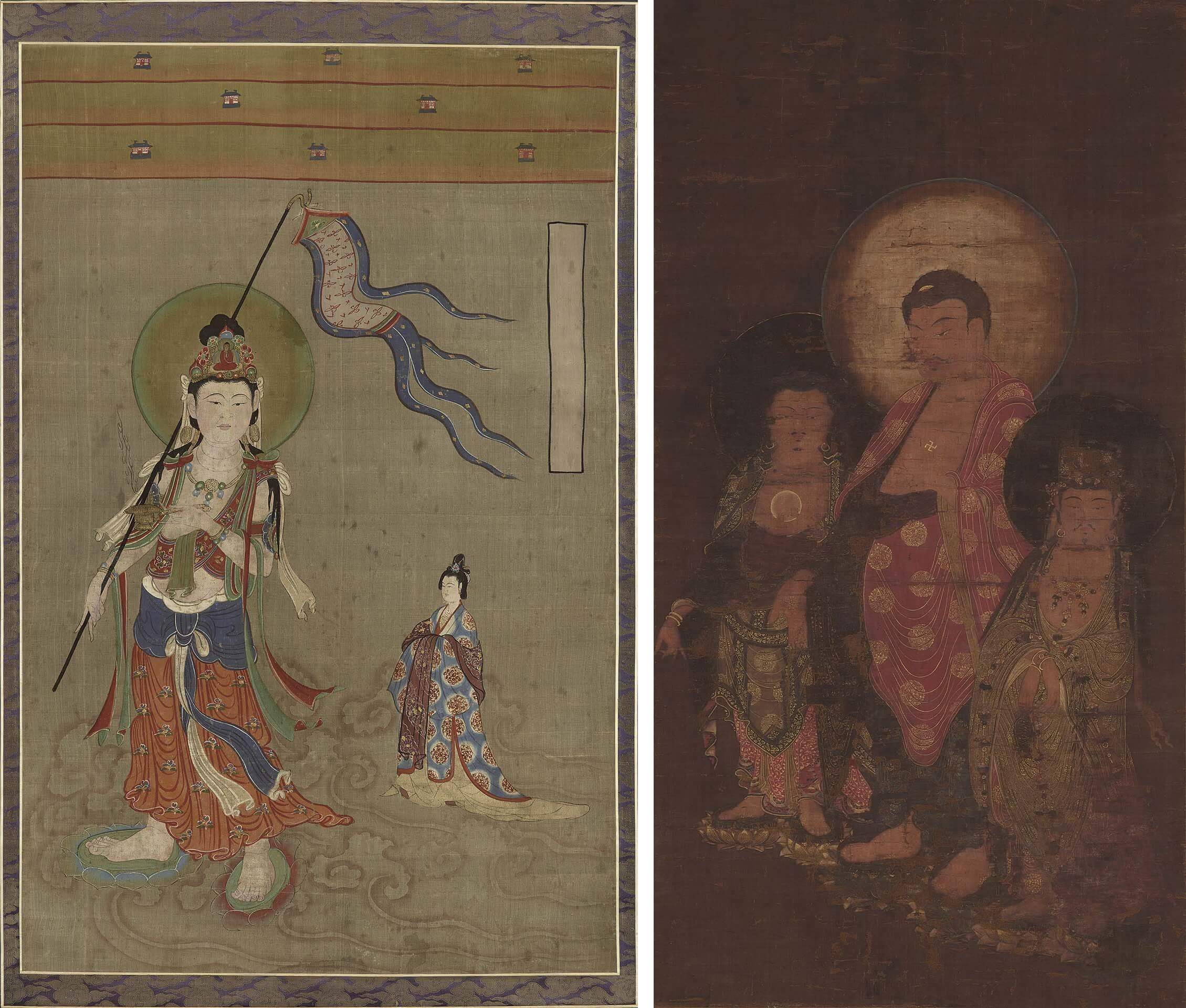 左：圖10 敦煌歸義軍時期10世紀初〈引路菩薩圖〉，絹本水墨設色，84.8×54.7公分，英國大英博物館藏。右：圖11 高麗時期14世紀〈阿彌陀如來三尊圖〉，絹本金彩設色，112.5×59.8公分，韓國Leeum美術館藏。