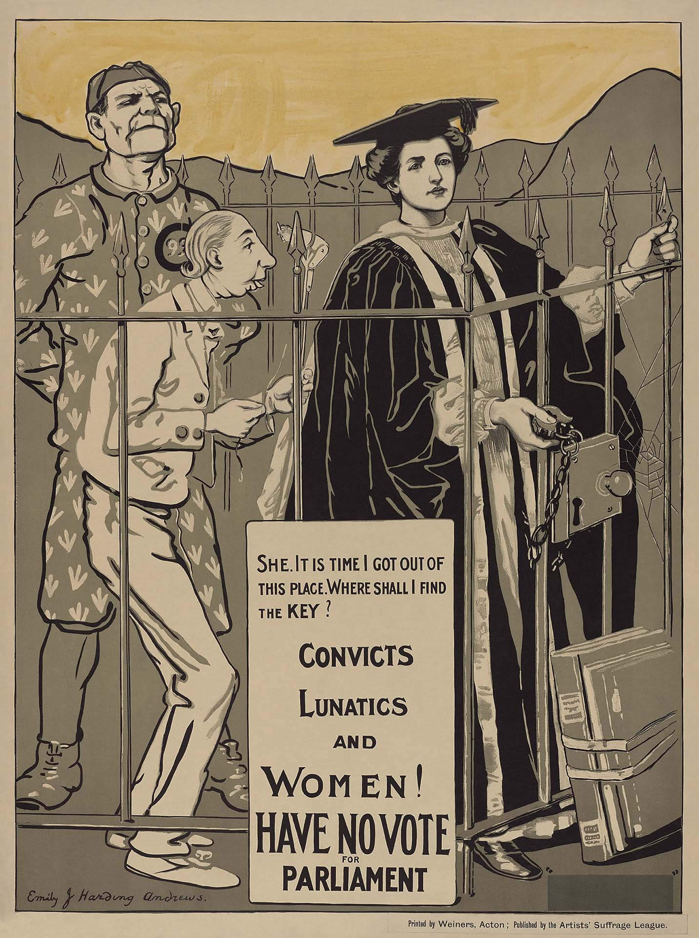 Emily J. Harding約1908年為藝術家選舉權聯盟設計的海報〈罪犯、瘋子和女人沒有議會投票權〉。©Public Domain