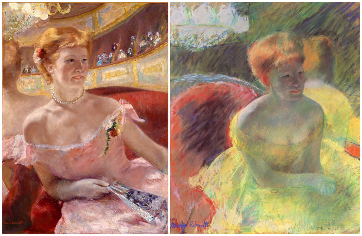 左圖：瑪麗．卡薩特，《包廂中戴珍珠項鍊的女人》（1879，Woman with a Pearl Necklace in a Loge）、右圖：瑪麗．卡薩特，《在劇院》（1879，At the Theatre），此處鏡子並非提供觀看的工具。