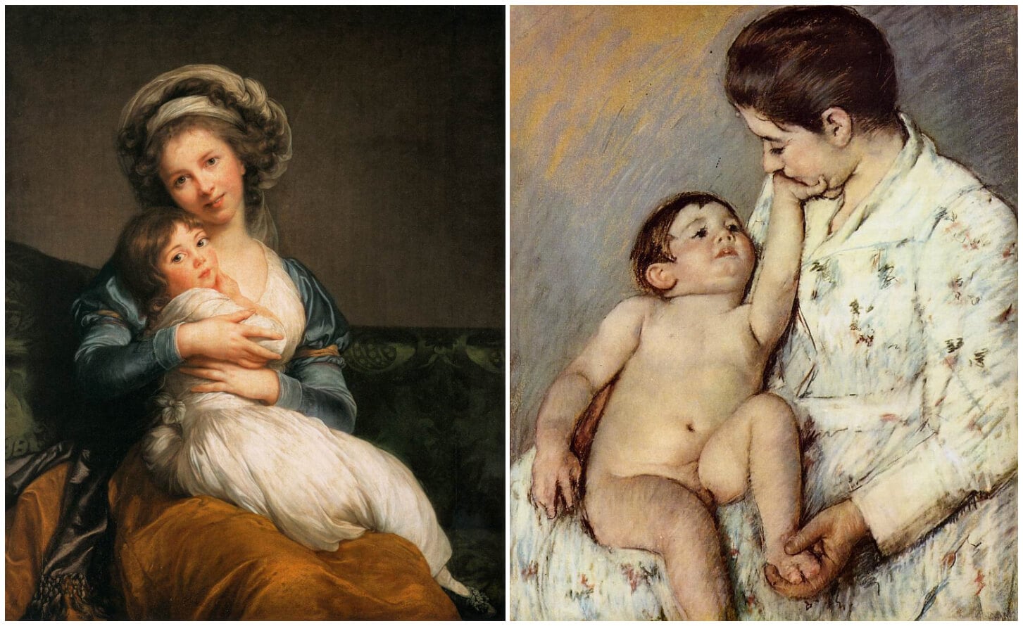 左圖：勒布倫（Élisabeth Louise Vigée Le Brun，1755-1842）《與女兒的自畫像》self-portrait with her daughter，1786），油畫帆布，105×84公分，巴黎羅浮宮藏。右圖：瑪…