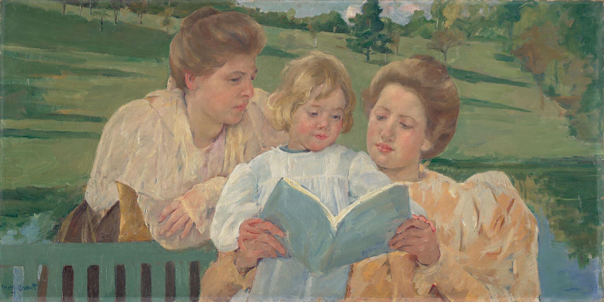 瑪麗．卡薩特， 《家庭集體閱讀》Family Group Reading，1901，油畫帆布，56.2×112.4公分，費城藝術博物館。（Public Domain）