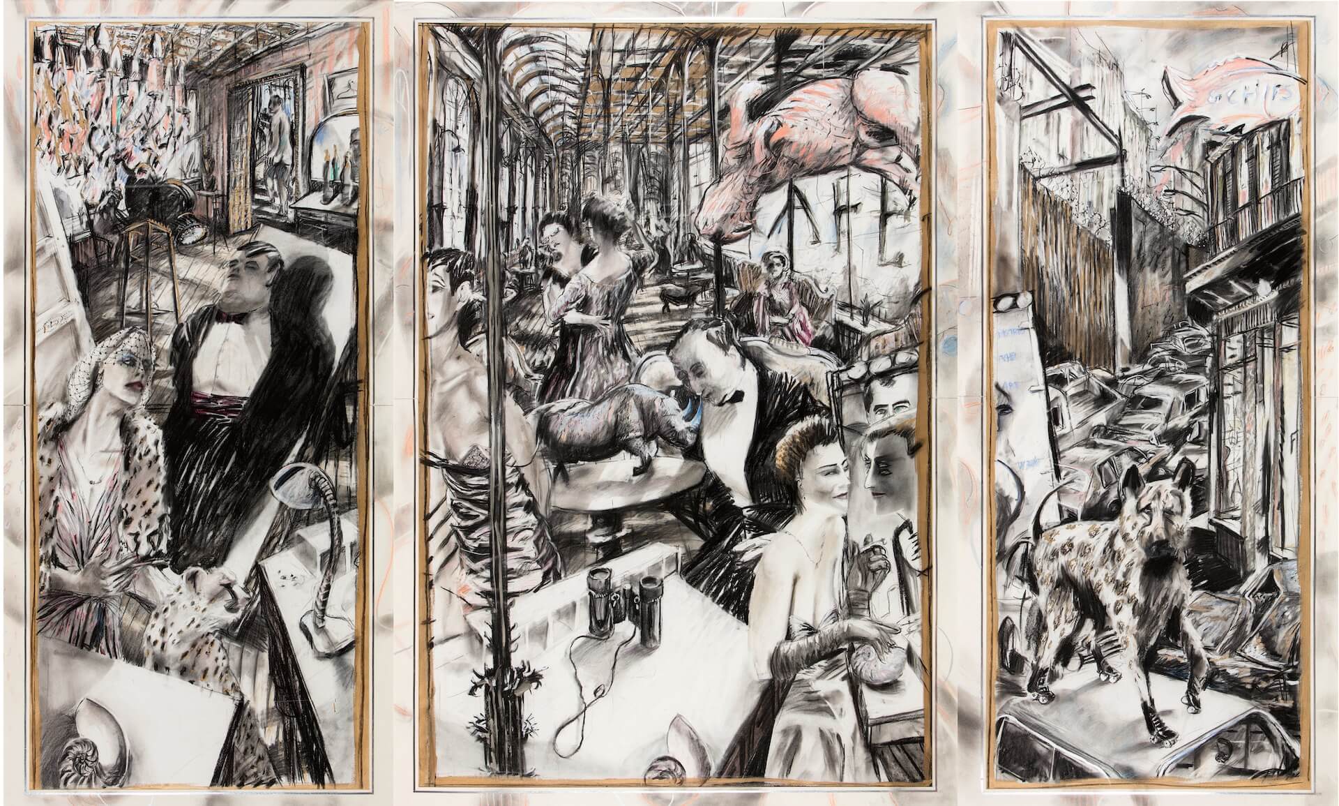 威廉．肯特里奇，《保育人士的舞會》，三聯屏， 1985，炭筆、粉彩、不透明水彩、紙，198.5 × 97.5 公分; 198.5 × 138.5 公分; 198.5 × 97.5 公分。圖像由藝術家提供。林布蘭藝術基金會收藏，魯珀特博物館，…