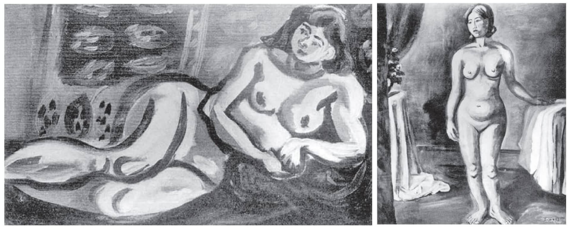 左圖：梅原龍三郎，〈裸婦圖〉，材質不詳，尺寸不詳，1936 年第10回臺展。（圖片來源：創價藝文中心執行委員編，《日治時期臺灣官辦美展（1927-1943）圖錄與論文集》，隨書光碟）右圖：蘇振輝，〈裸女立像〉，材質不詳，尺寸不詳，1936年…