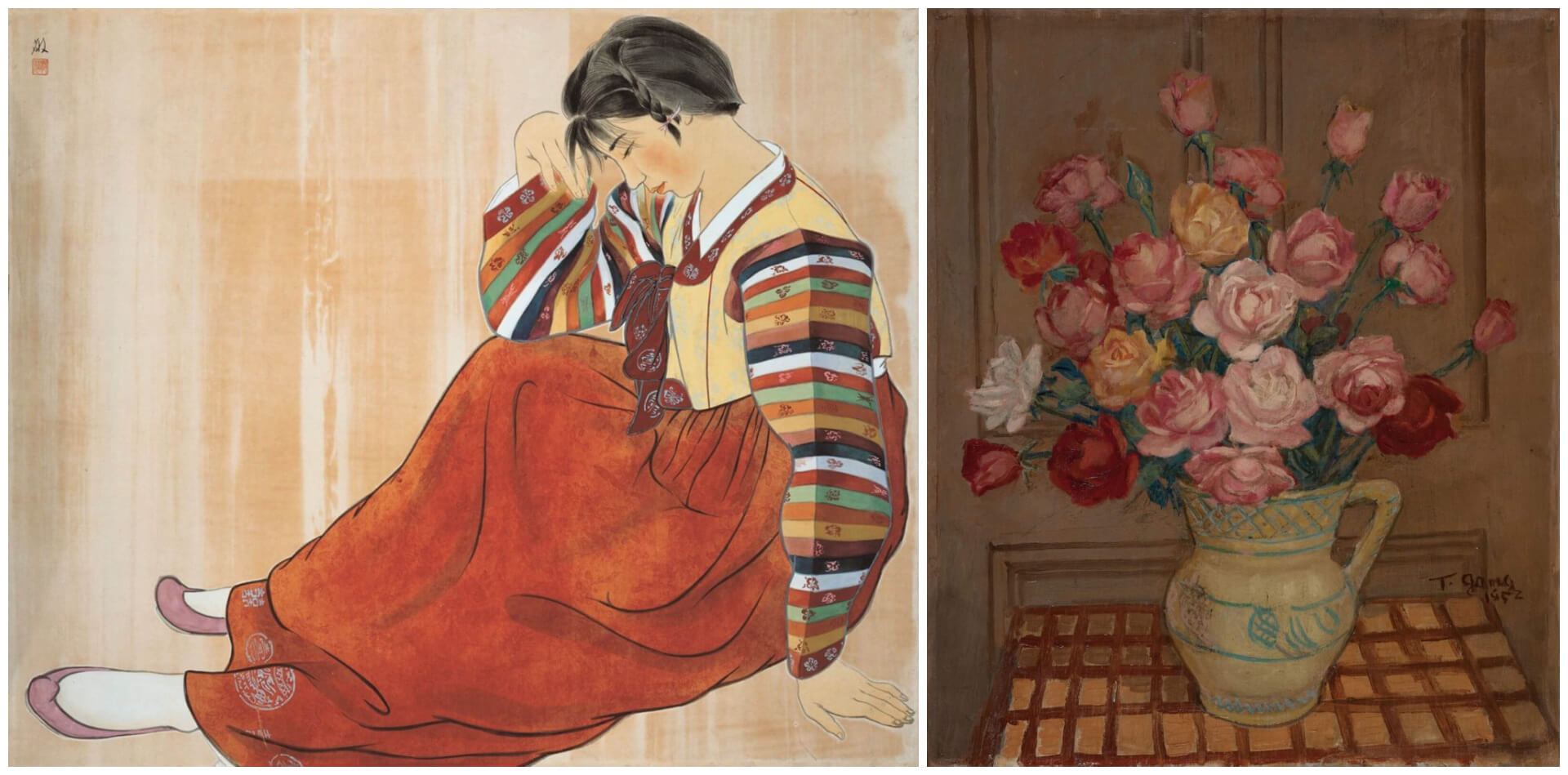 左：陳敬輝《新娘》，年代不詳，膠彩，73.5×88公分，順益台灣美術館。右：此作為顏水龍玫瑰作品中，年代最早的一幅。顏水龍《玫瑰花》，1952，油彩木板，73×60公分，家屬收藏，第15回臺陽展（推測）。（李梅樹紀念館提供）
