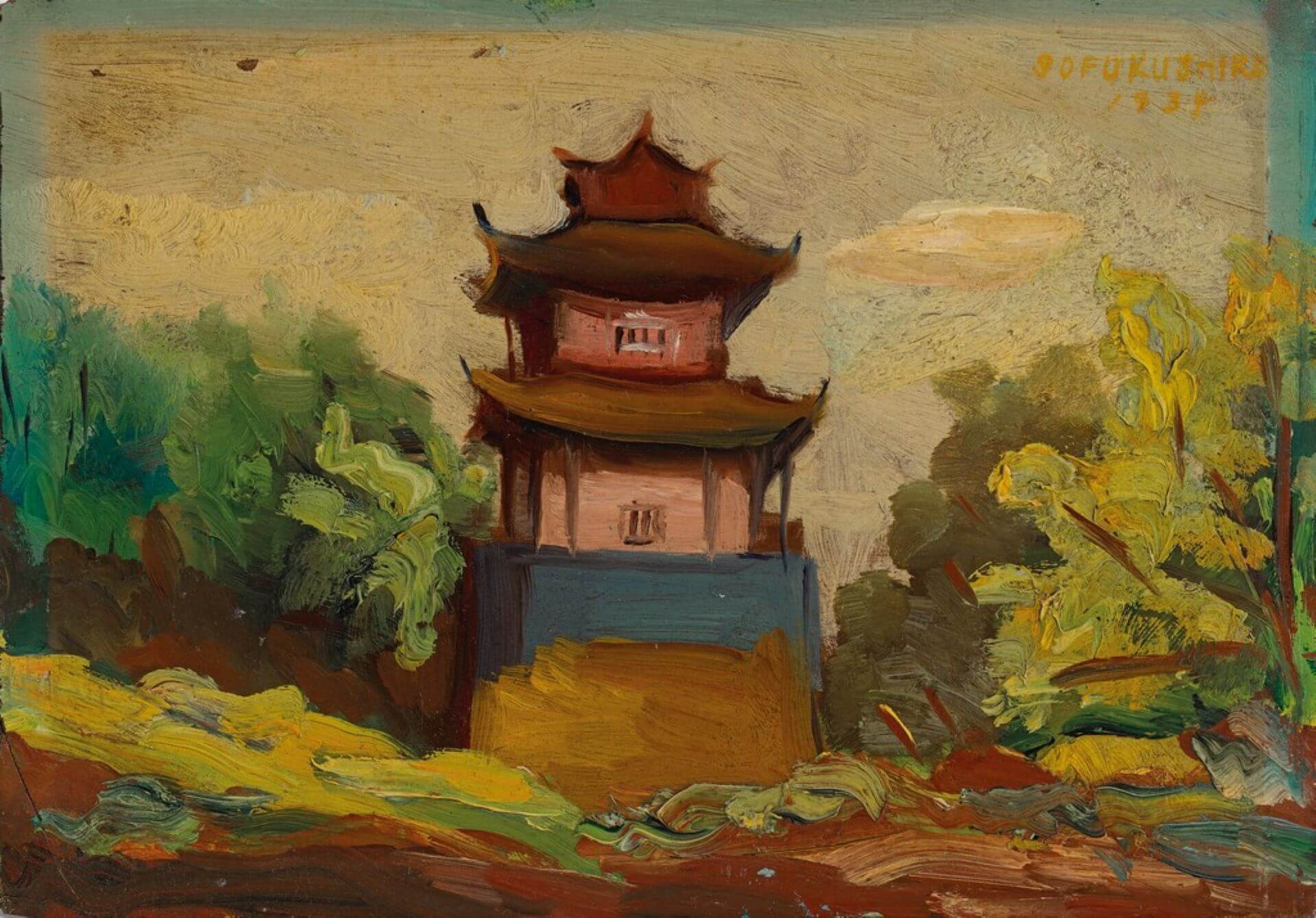 曾添福《臺南東門》1934，油畫木板，15.5×22公分，國立臺灣美術館藏。（李梅樹紀念館提供）
