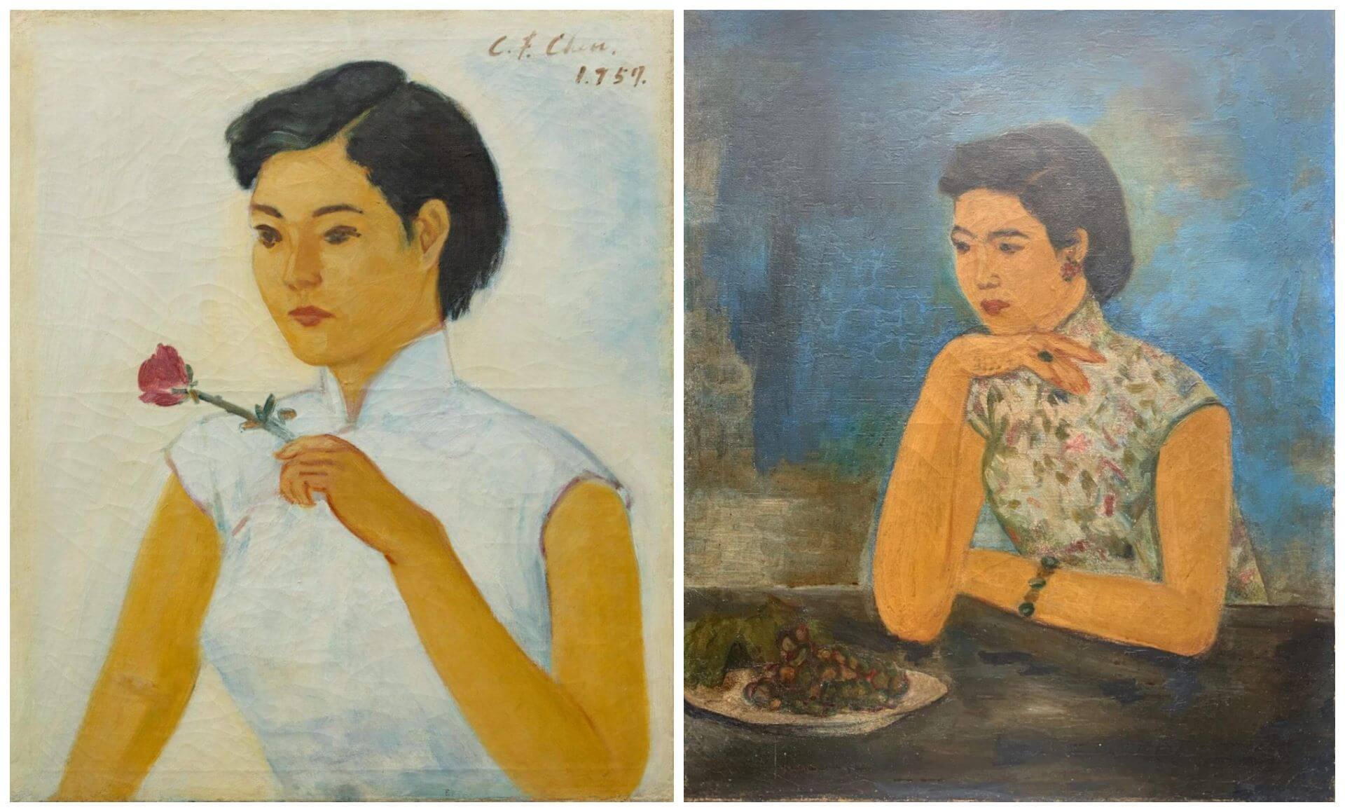 左：陳清汾《少女與玫瑰》（白衣小姐）1957，油畫畫布，42×51公分，家屬收藏，第20回臺陽展。右：陳清汾《陳夫人》年代未詳，油畫畫布，家屬收藏，第45回臺陽展。（李梅樹紀念館提供）