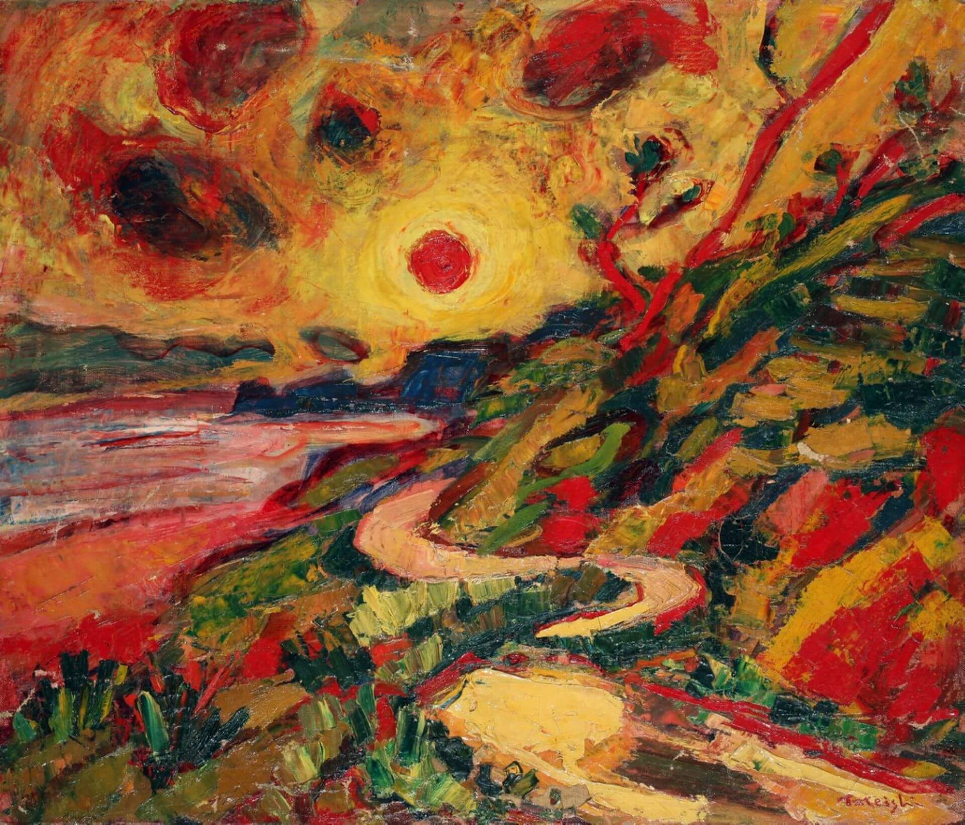 立石鐵臣《日輪》，1936，油彩畫布，45.5×53.2公分，家屬收藏，第五回臺陽展（推測）。（李梅樹紀念館提供）