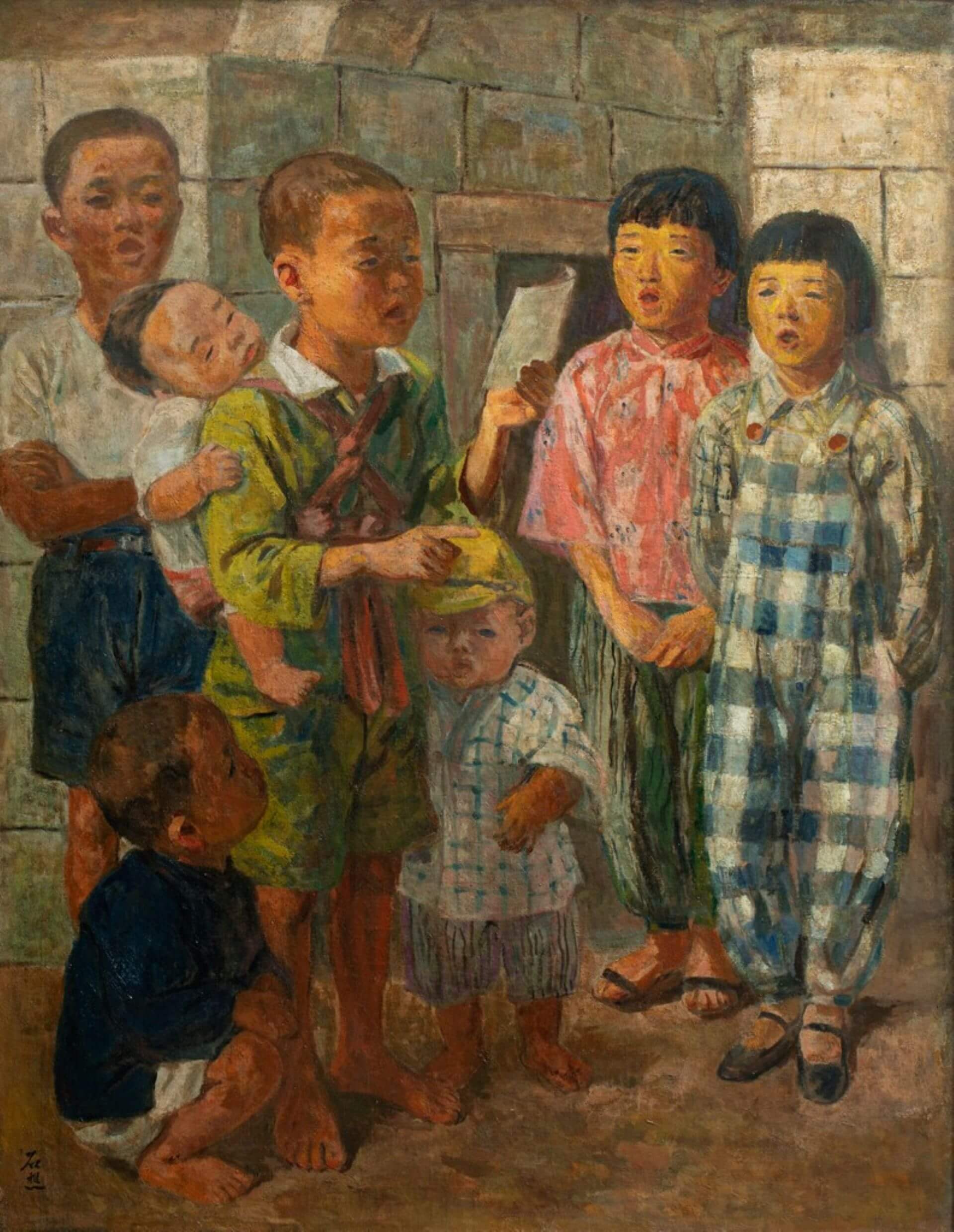 李石樵《唱歌的小孩（合唱）》，1943，油彩畫布，116.5×91公分，李石樵美術館藏，第10回臺陽展。（李梅樹紀念館提供）