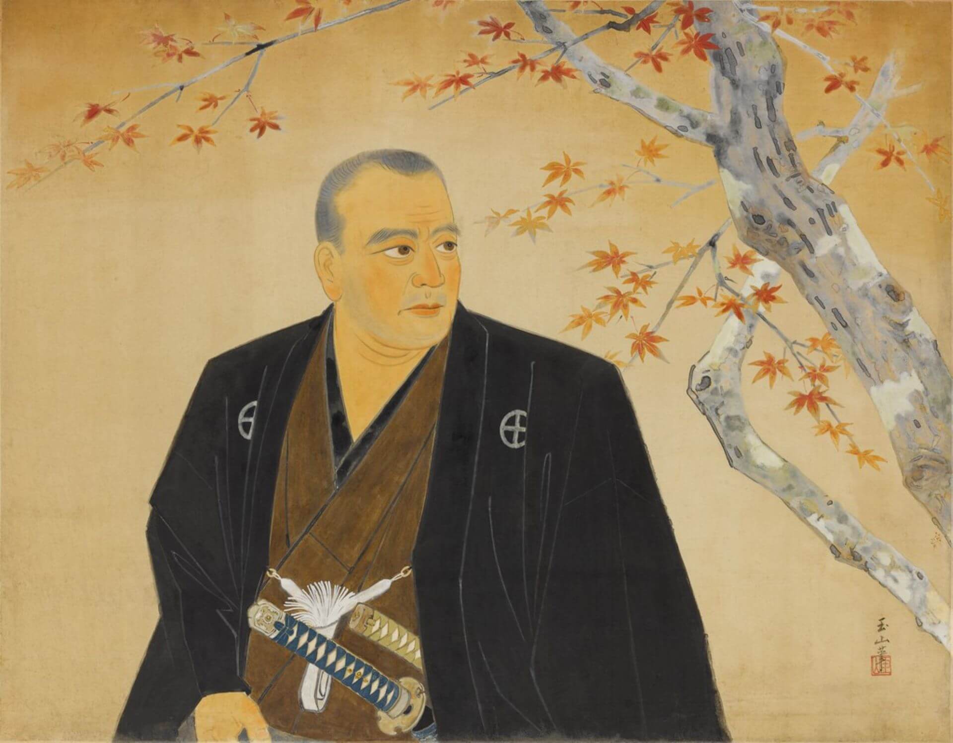 人物為日本維新志士西鄉隆盛。林玉山《南州先生》，1943，膠彩紙本，76.8×97.5公分，國立臺灣美術館藏，第九回臺陽展。（李梅樹紀念館提供）