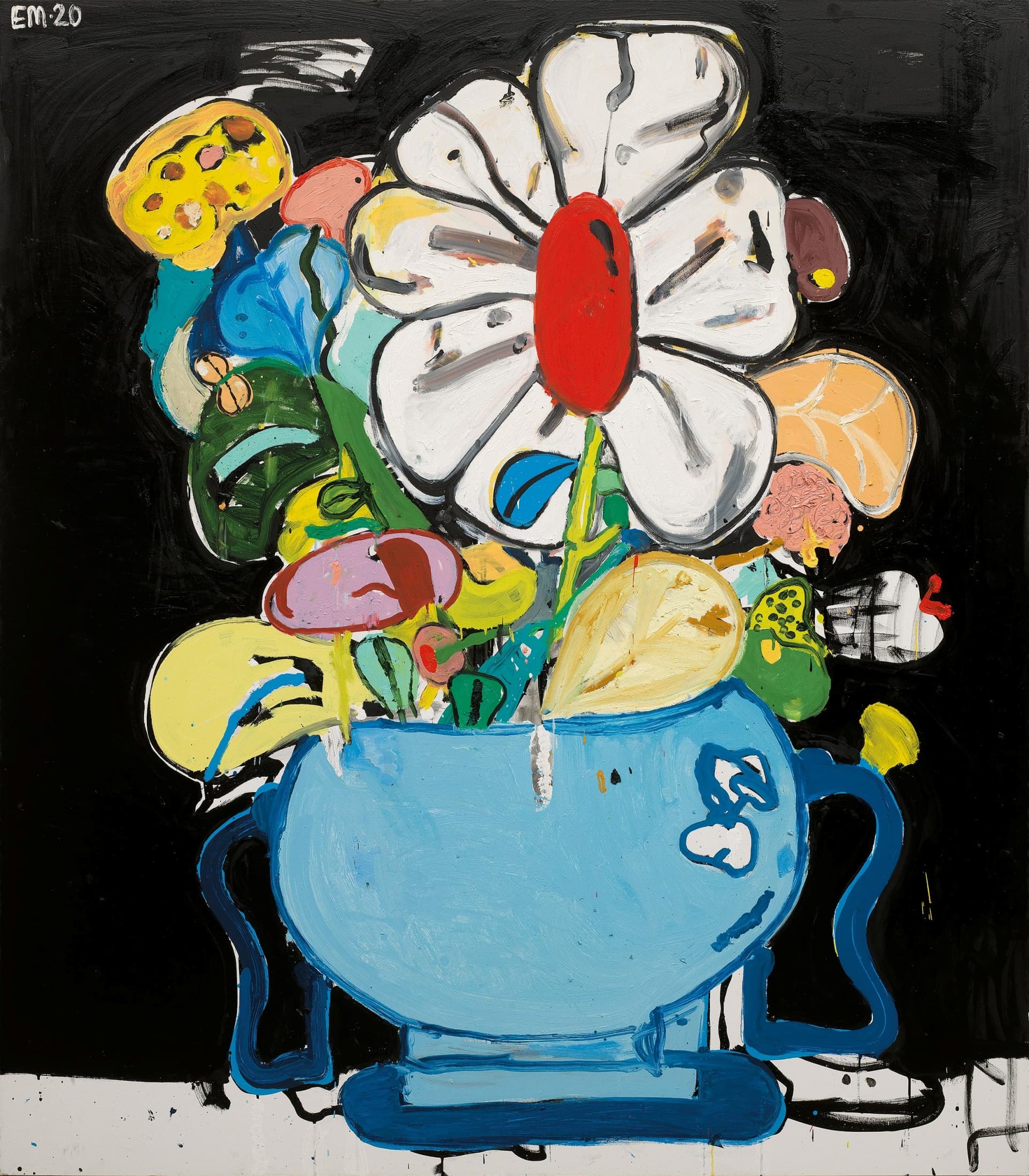 艾迪．馬丁內斯，《無題（瓶花）》，油彩 壓克力 噴漆 亞麻布，190.5 × 167.6 cm，2020。預估價：950萬至1,400萬新台幣。（羅芙奧提供）