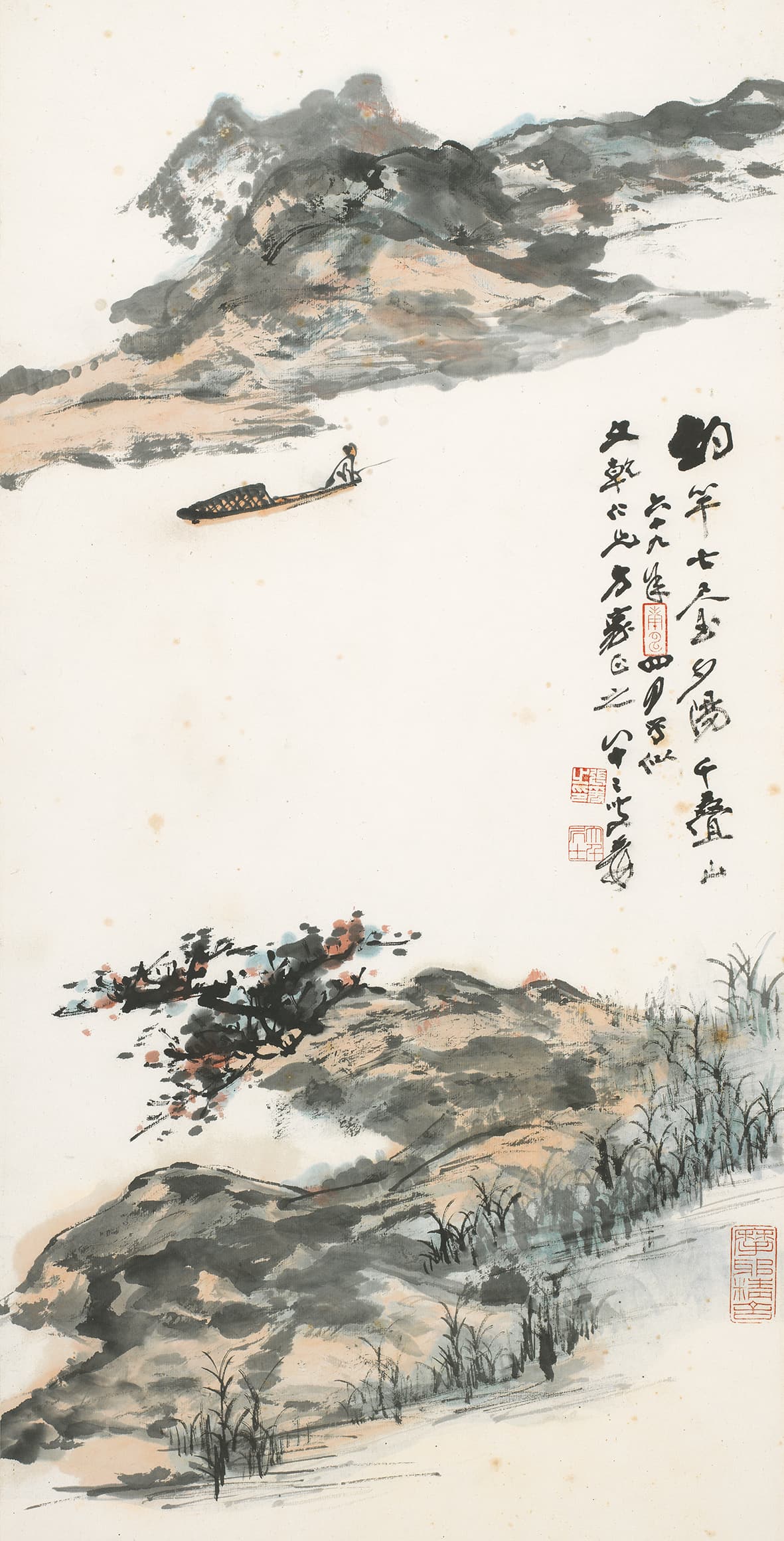 張大千，《泛舟垂釣》，水墨設色紙本 鏡框，89×44.5 cm，1980。預估價：90萬至140萬元新台幣。（羅芙奧提供）