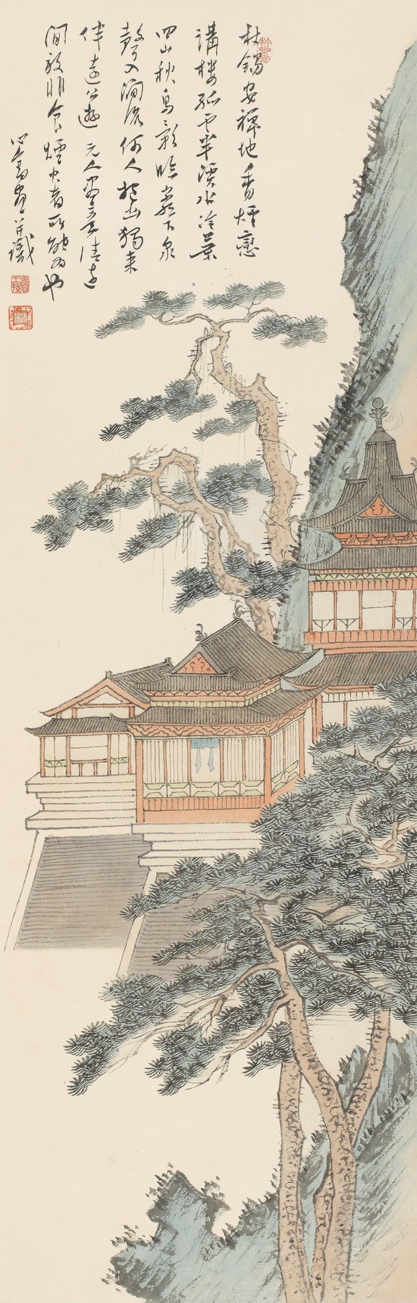 溥心畬，《禪境遊山》，水墨設色紙本 鏡框，99 × 32 cm。預估價：30萬至48萬元新台幣。（羅芙奧提供）