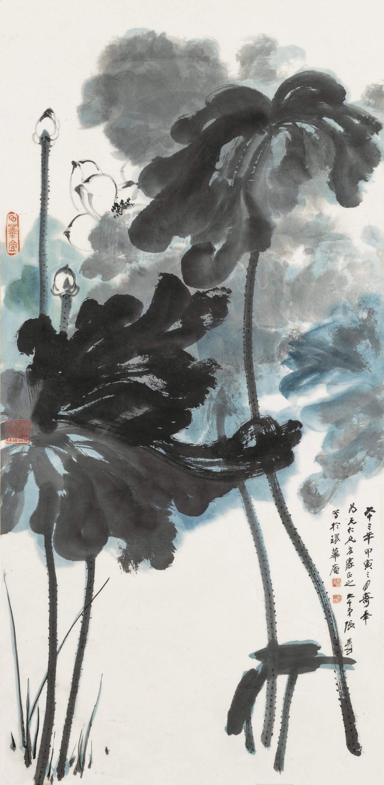 張大千，《藕花香正滿陂塘》，設色紙本 鏡框，111.3×53 cm，1974。估價：580,000 – 680,000港元。（邦瀚斯提供）