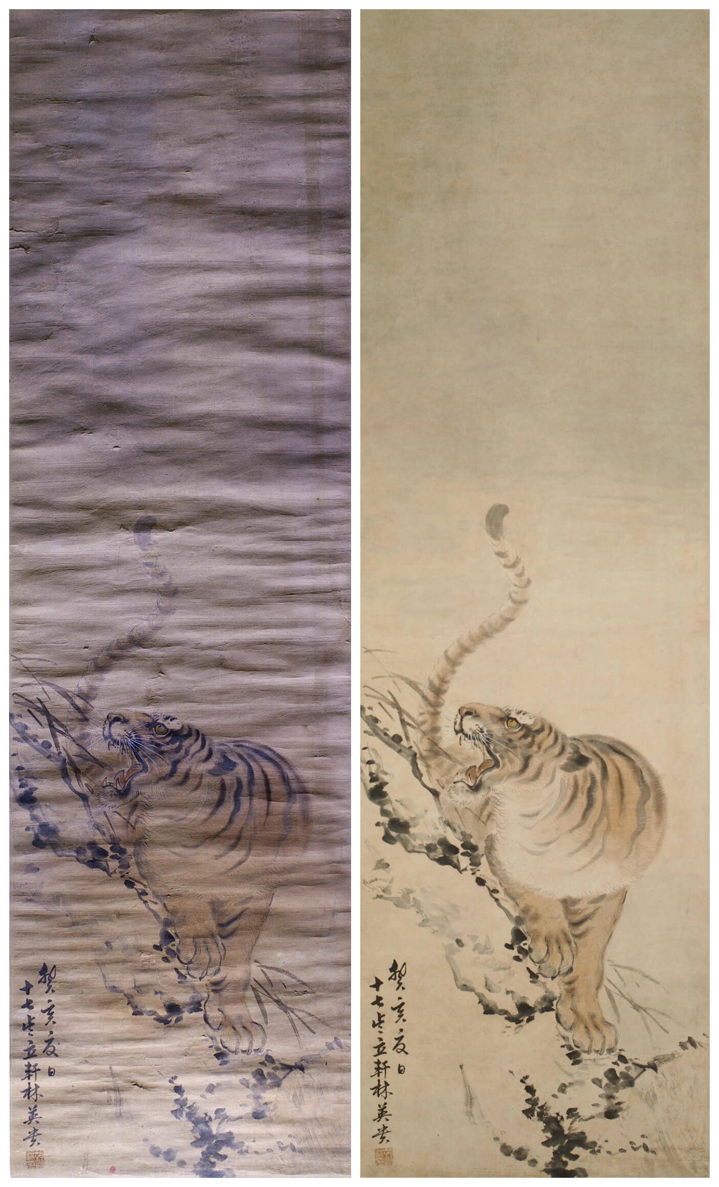 林玉山《下山猛虎》,1923,水墨淡彩紙本,132.1×39.1公分,修護前後對比圖。(國立台灣美術館提供)