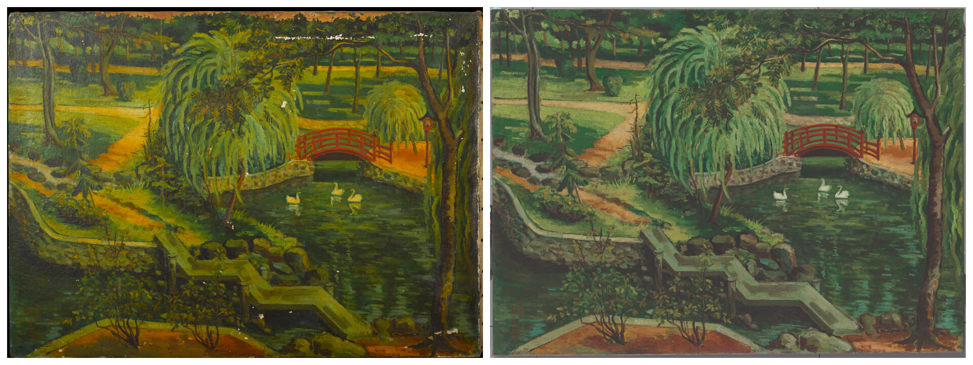 翁崑德《公園(橋2)》,1943,油彩畫布,72.3×99公分,修復前後(左、右)對比圖。(國立台灣美術館提供)