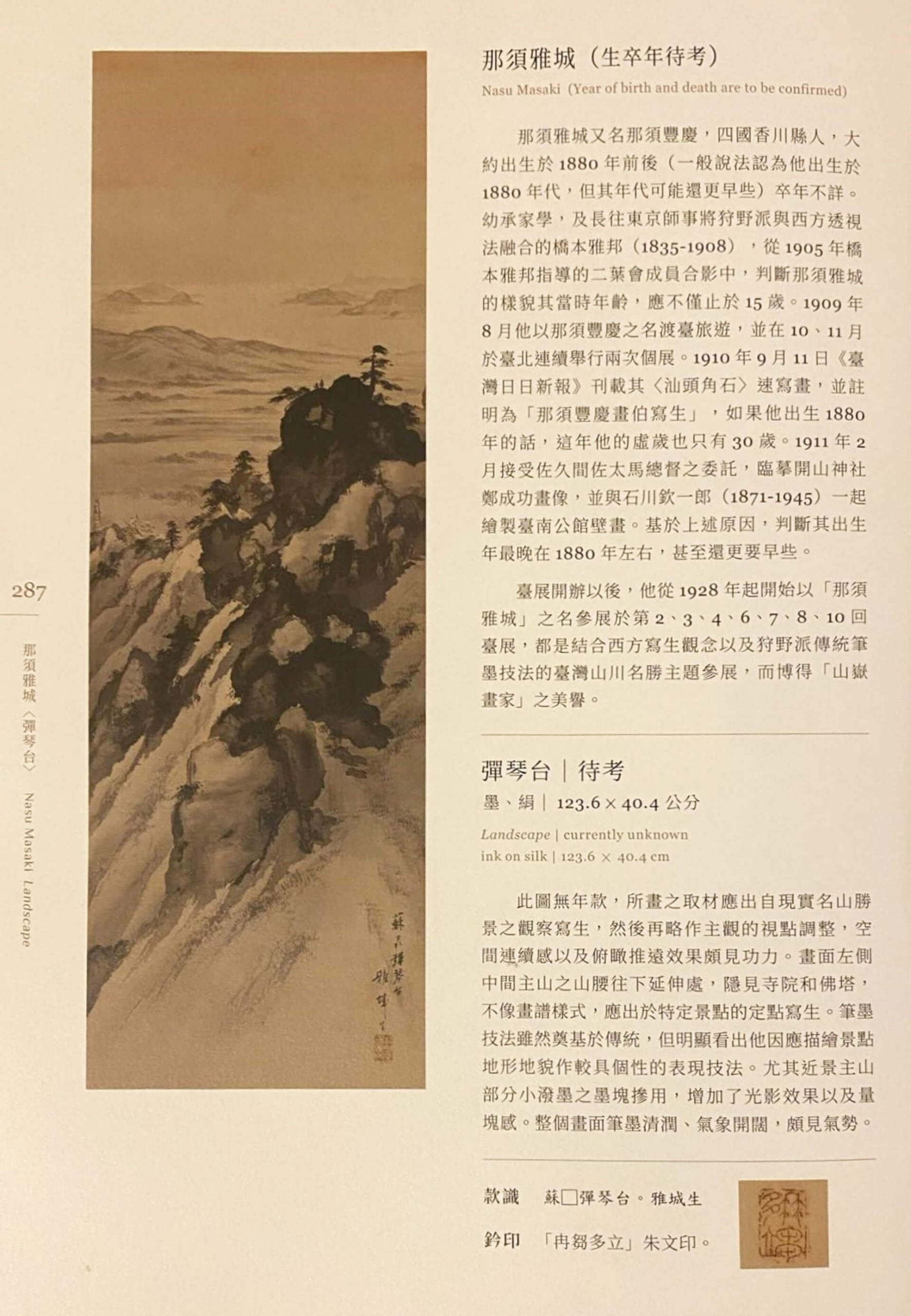 《匯流溯源：國美典藏臺灣早期書畫作品》一書中對那須雅城與《彈琴臺》的介紹。（翻攝／劉錡豫）
