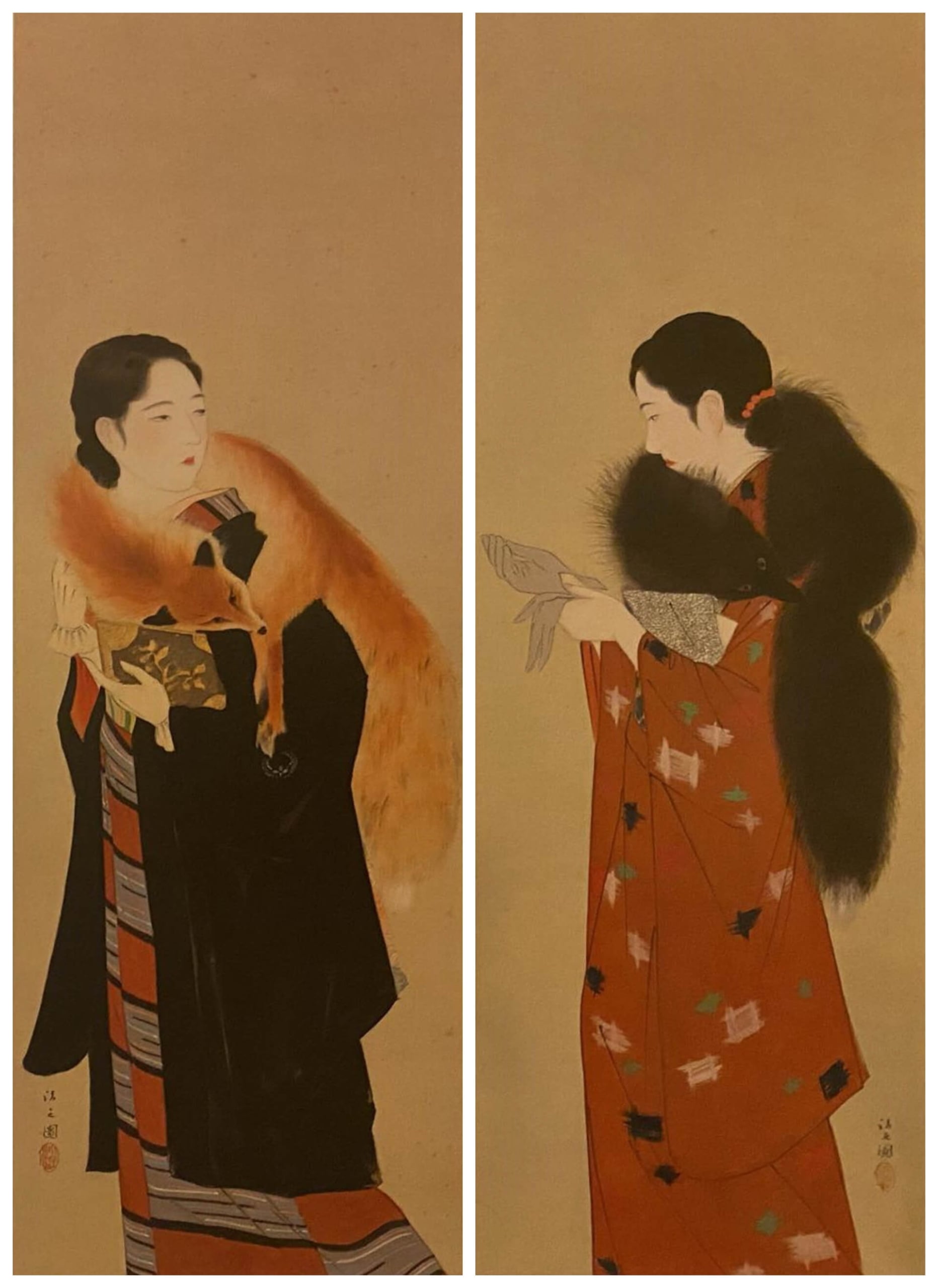 小早川篤四郎（國美館標示），《美人繪二幅》，年代待考，絹本膠彩，122×42公分，國立臺灣美術館典藏。（圖片出處：《匯流溯源：國美典藏臺灣早期書畫作品》）