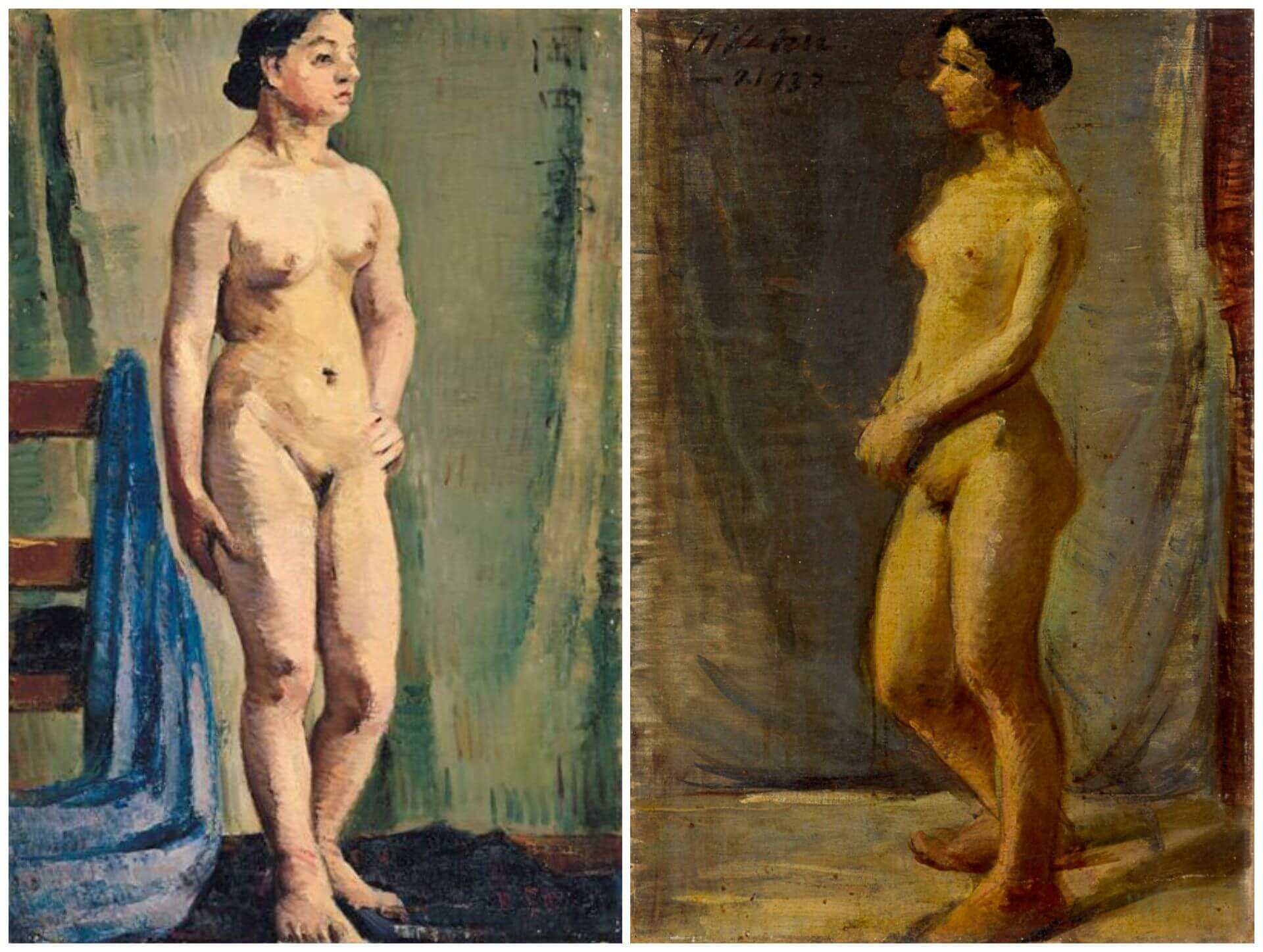 左：郭柏川，《裸女》，1931，畫布油彩，79.0×51.5 公分，臺北市立美術館典藏。右：郭柏川，《裸女（站立）》，1931，畫布油彩，72.0×57公分，臺南市美術館典藏。