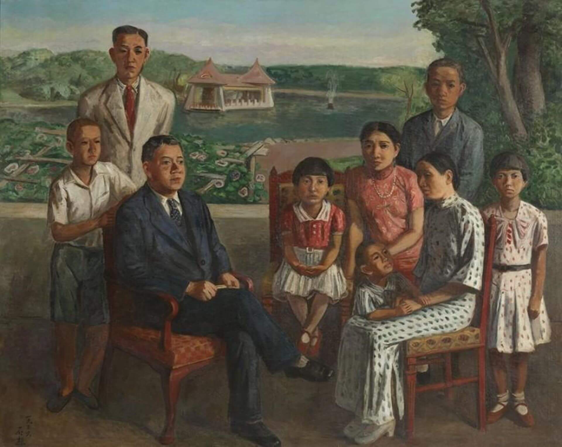 李石樵，《楊肇嘉氏之家族》，1936，畫布油彩，179×226公分，私人收藏。（圖片源自：《進步時代─臺中文協百年的美術力》）