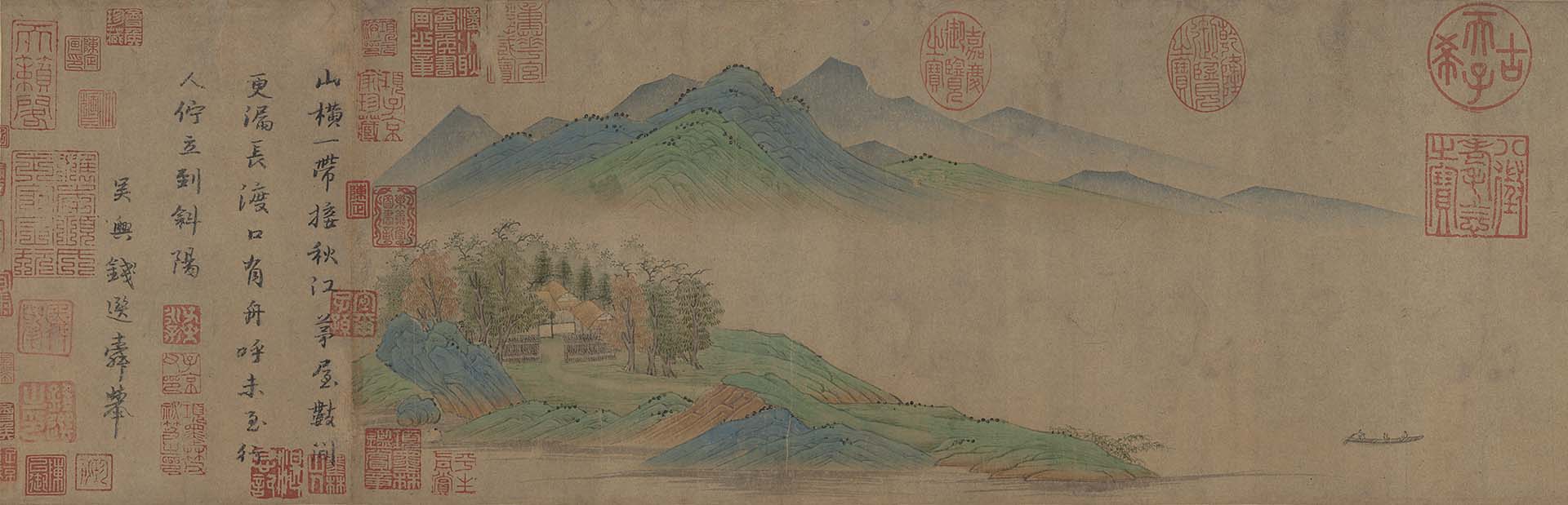 宋 錢選〈煙江待渡圖〉局部，紙本設色，21.6×111.2公分，國立故宮博物院藏。