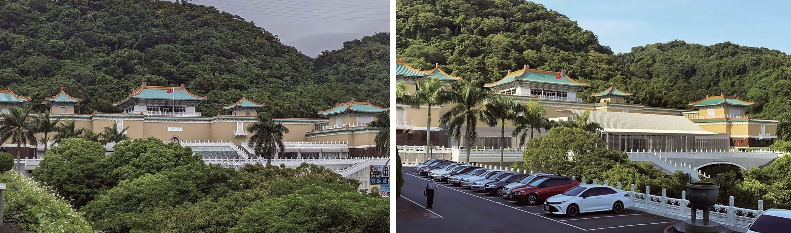 自研究大樓望向故宮正館，現狀（左）與模擬圖（右）。