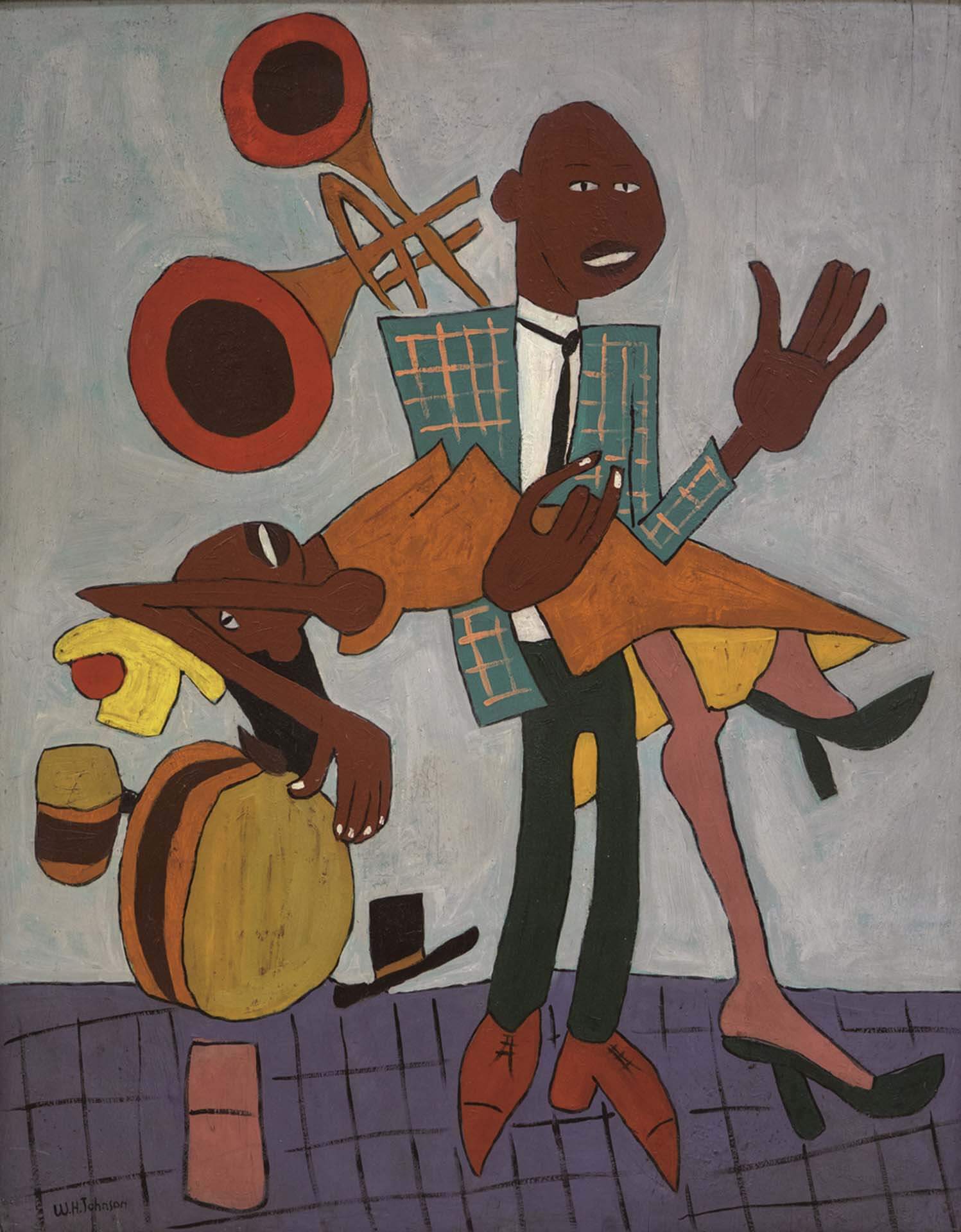 威廉．約翰遜，《吉魯巴 V.》（Jitterbugs V.），木板上油畫，99.1×53.3 cm，1941-1942。（大都會藝術博物館提供）