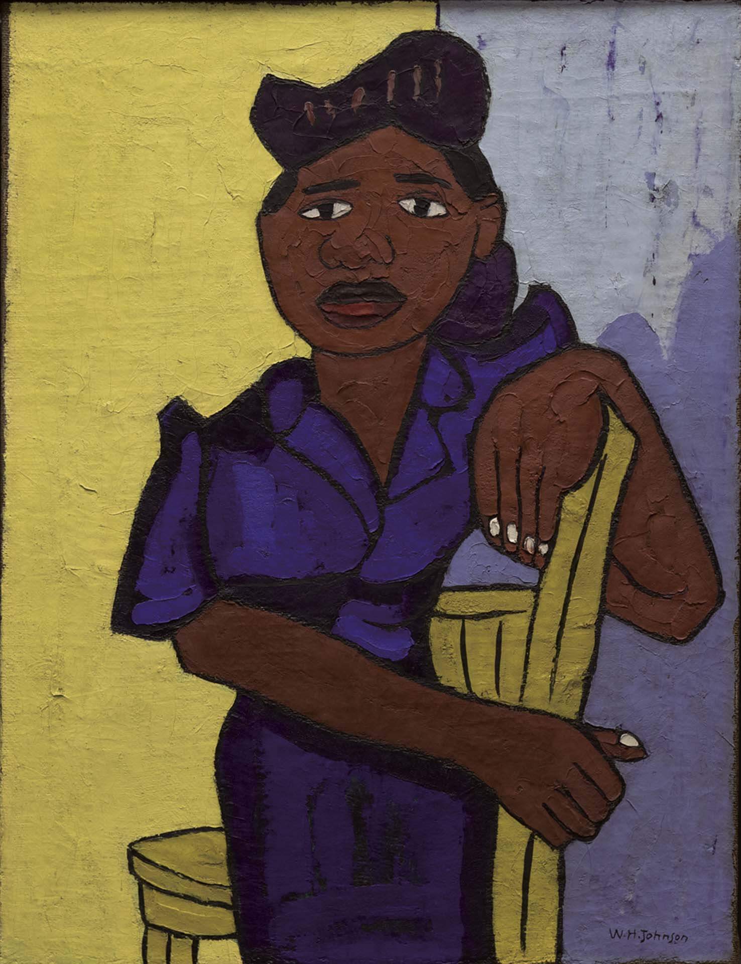 威廉．H．約翰遜，《藍色女人》（Woman in Blue），亞麻布面油畫，88.9×68.6 cm，1943。（©Clark Atlanta University Art Museum，攝影／ Mike Jensen，大都會藝術博物館提供…