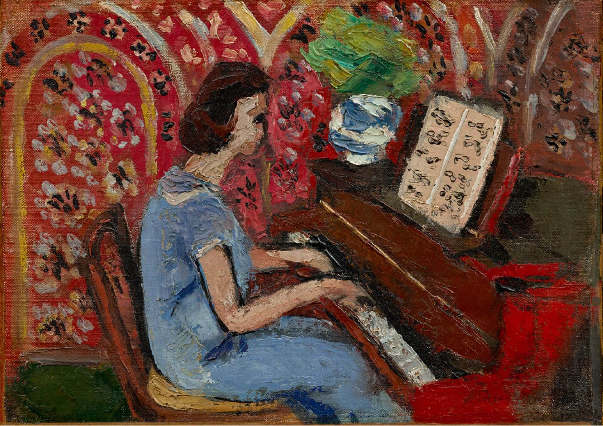 馬諦斯《小鋼琴家、藍色服裝》1924，油彩帆布，22 × 29.8 公分，法國尼斯馬諦斯美術館藏。（© Succession H. Matisse，圖片源自：François Fernandez官網）