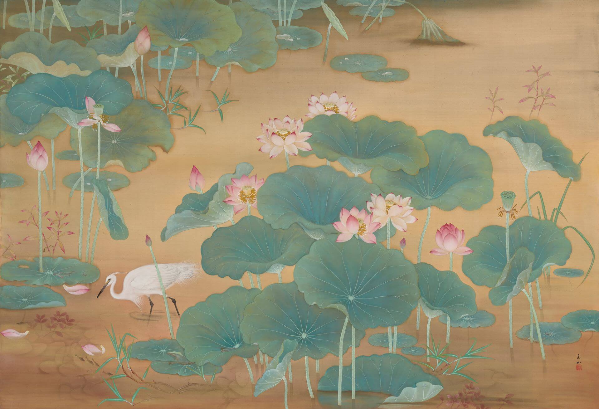 林玉山，《蓮池》，1930，膠彩、絹，146.4×215.2公分，國立臺灣美術館典藏。（圖片來源：國立臺灣美術館）